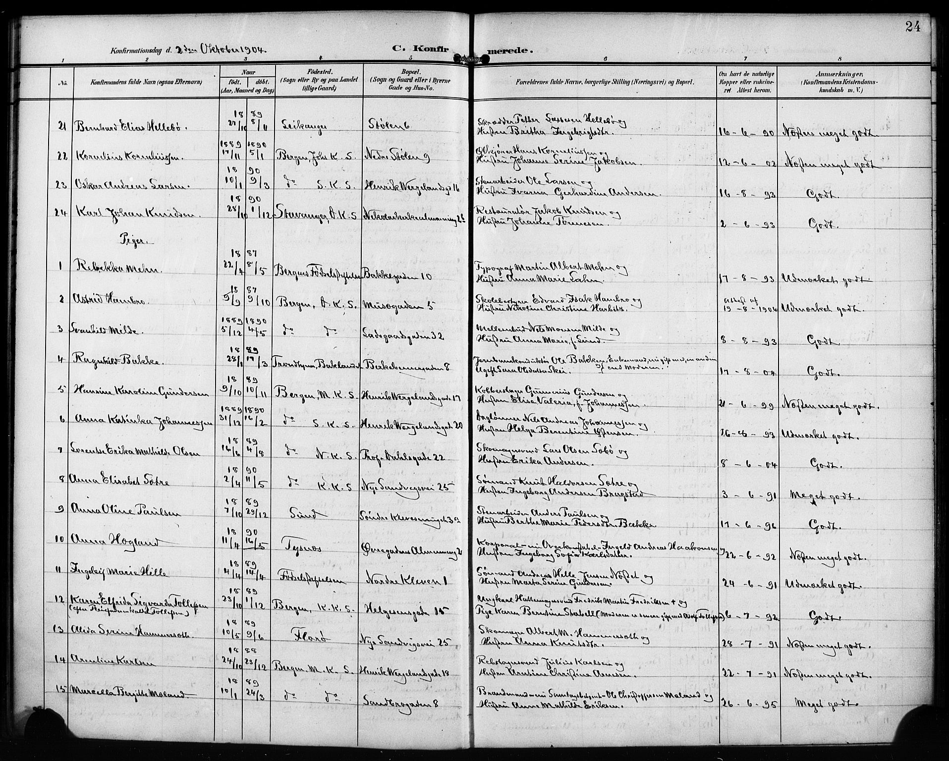 Mariakirken Sokneprestembete, AV/SAB-A-76901/H/Hab/L0009: Klokkerbok nr. A 9, 1901-1919, s. 24