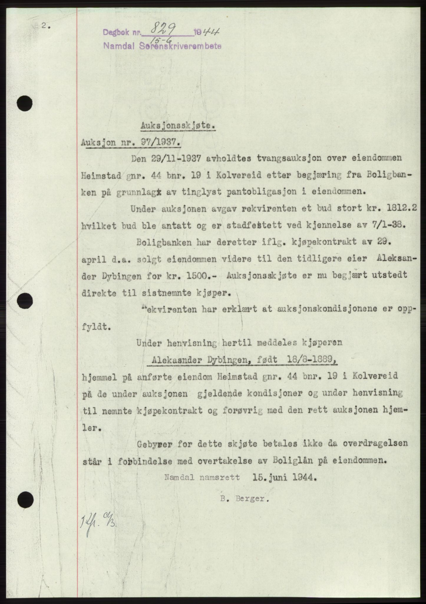 Namdal sorenskriveri, SAT/A-4133/1/2/2C: Pantebok nr. -, 1944-1945, Dagboknr: 829/1944