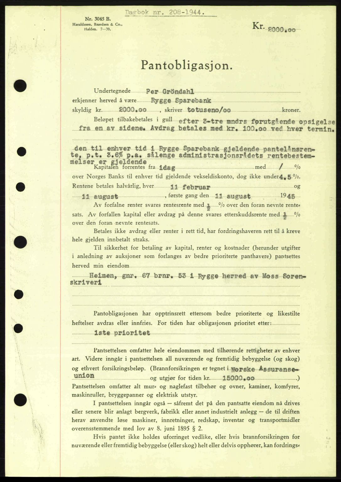 Moss sorenskriveri, SAO/A-10168: Pantebok nr. B13, 1943-1945, Dagboknr: 208/1945
