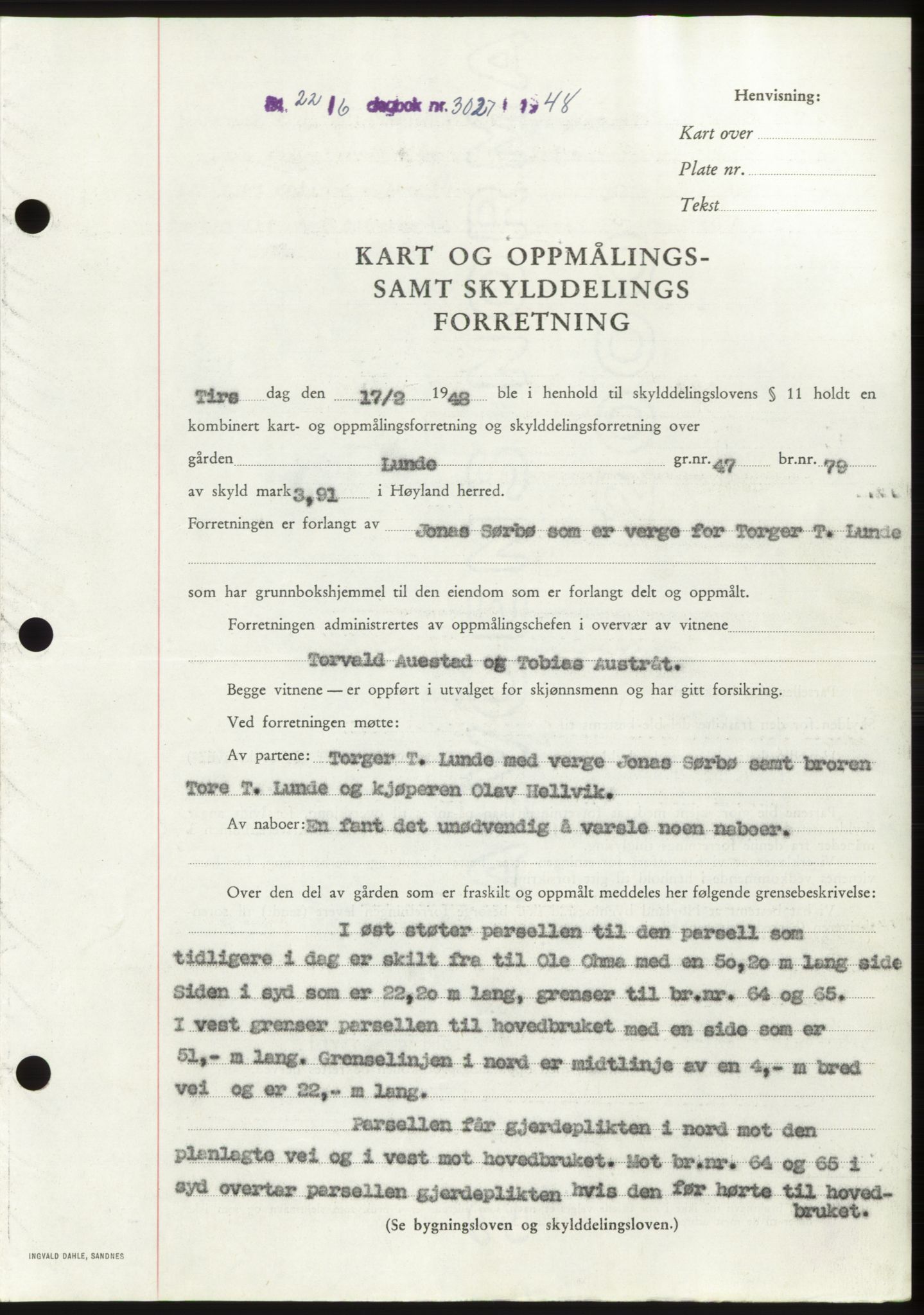 Jæren sorenskriveri, SAST/A-100310/03/G/Gba/L0099: Pantebok, 1948-1948, Dagboknr: 3027/1948