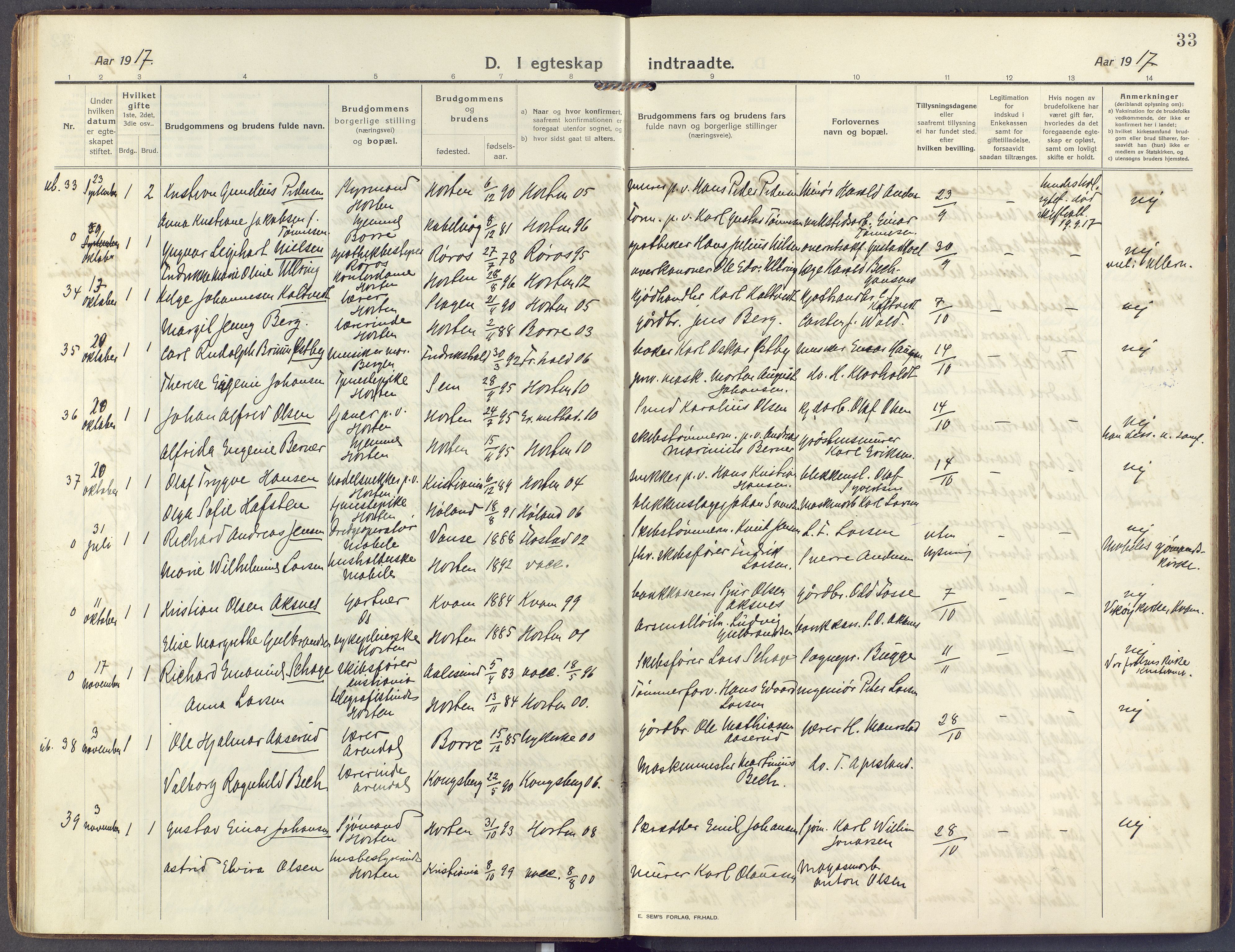 Horten kirkebøker, AV/SAKO-A-348/F/Fa/L0008: Ministerialbok nr. 8, 1913-1924, s. 33