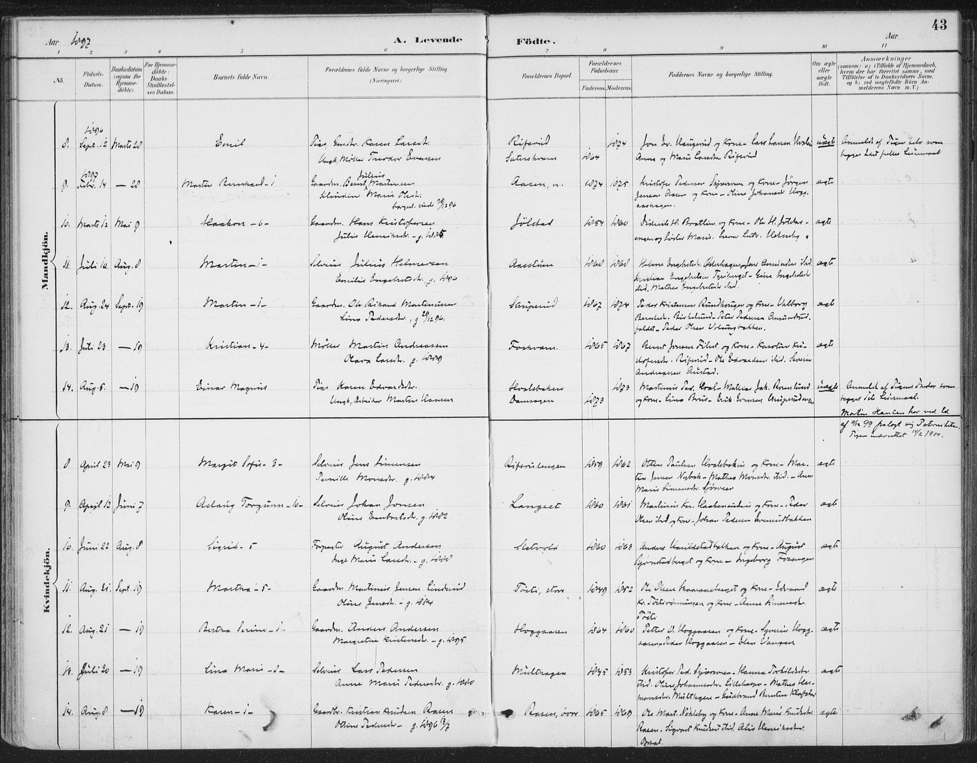 Romedal prestekontor, AV/SAH-PREST-004/K/L0008: Ministerialbok nr. 8, 1887-1905, s. 43