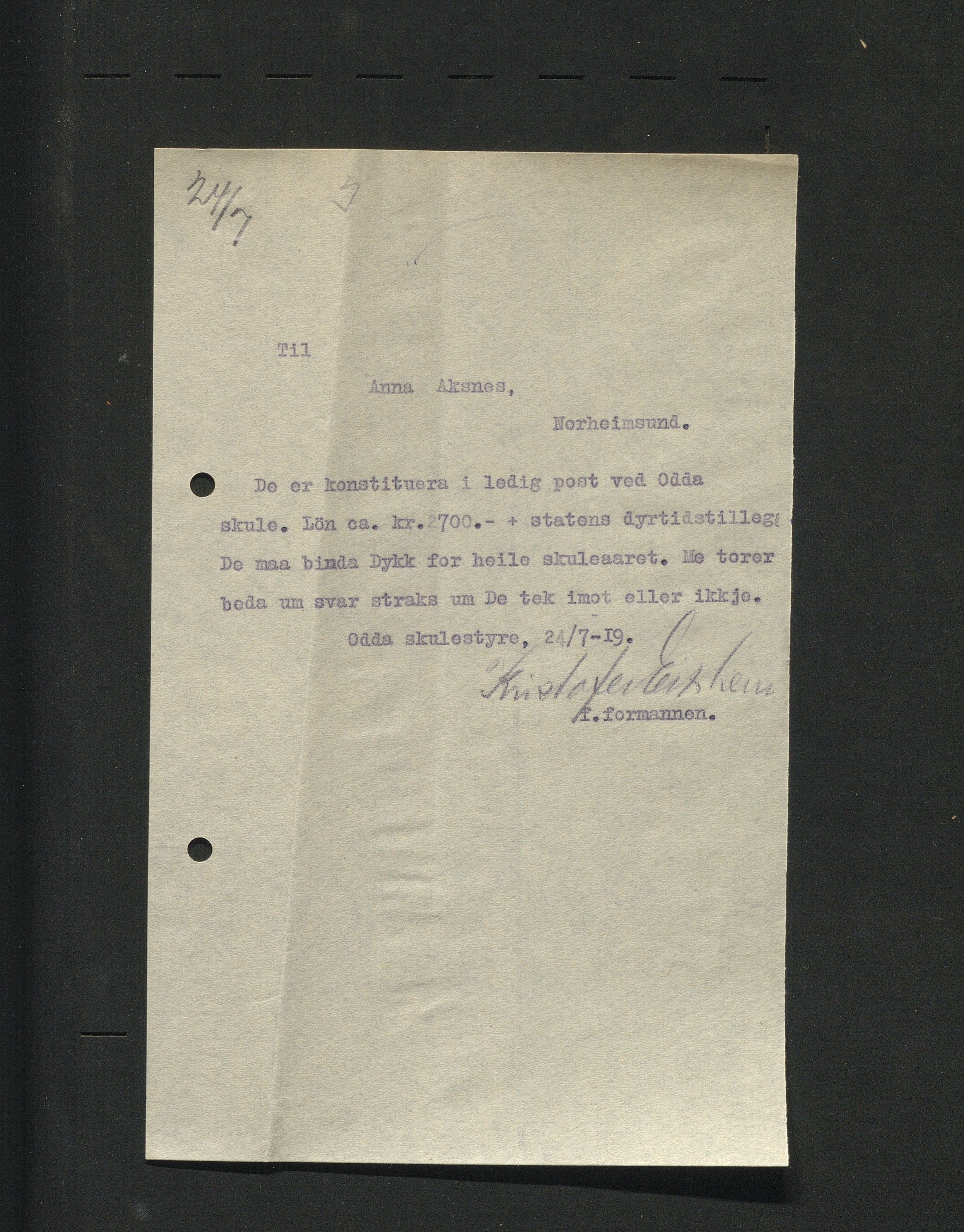 Odda kommune. Skulestyret, IKAH/1228-211/B/Ba/L0001/0001: Kopibok for Odda skulestyre / Kopiar av utgåande brev , 1919