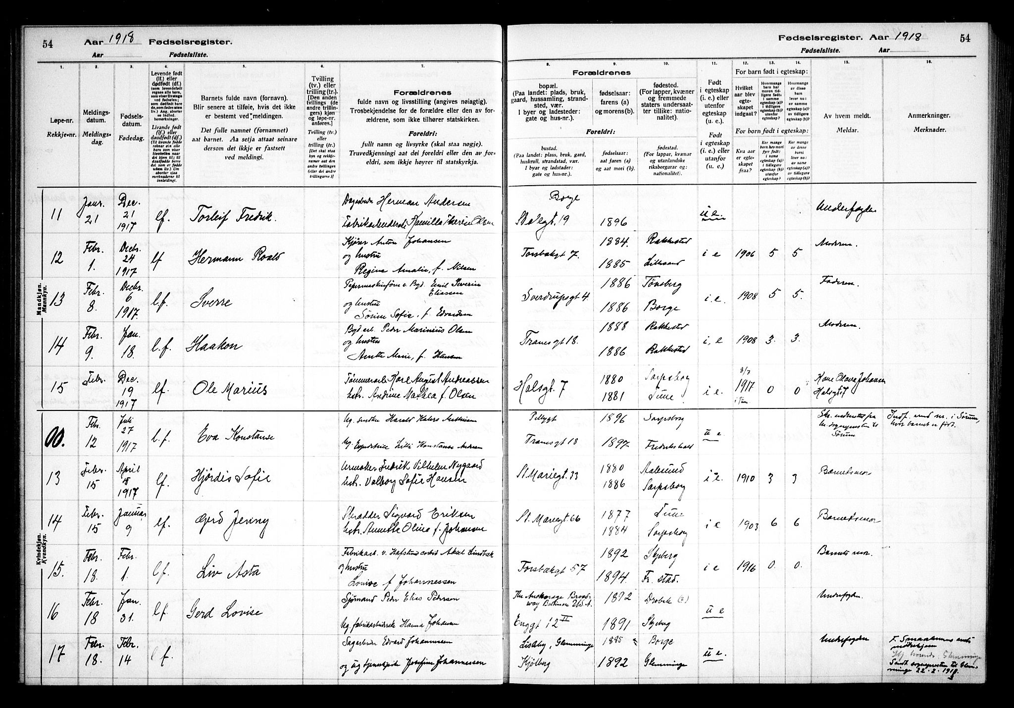 Sarpsborg prestekontor Kirkebøker, SAO/A-2006/J/Ja/L0001: Fødselsregister nr. 1, 1916-1922, s. 54