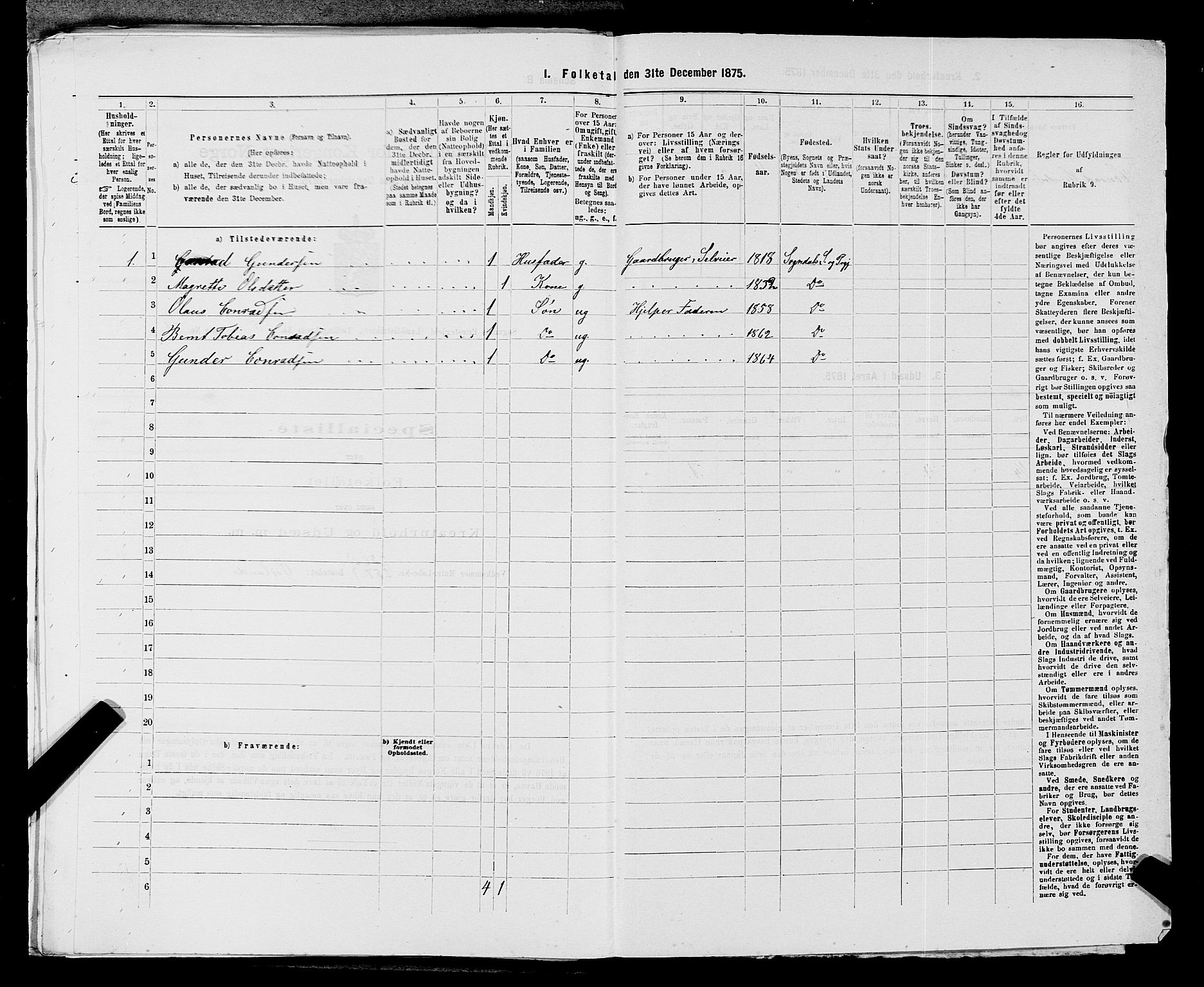 SAST, Folketelling 1875 for 1111L Sokndal prestegjeld, Sokndal landsokn, 1875, s. 423