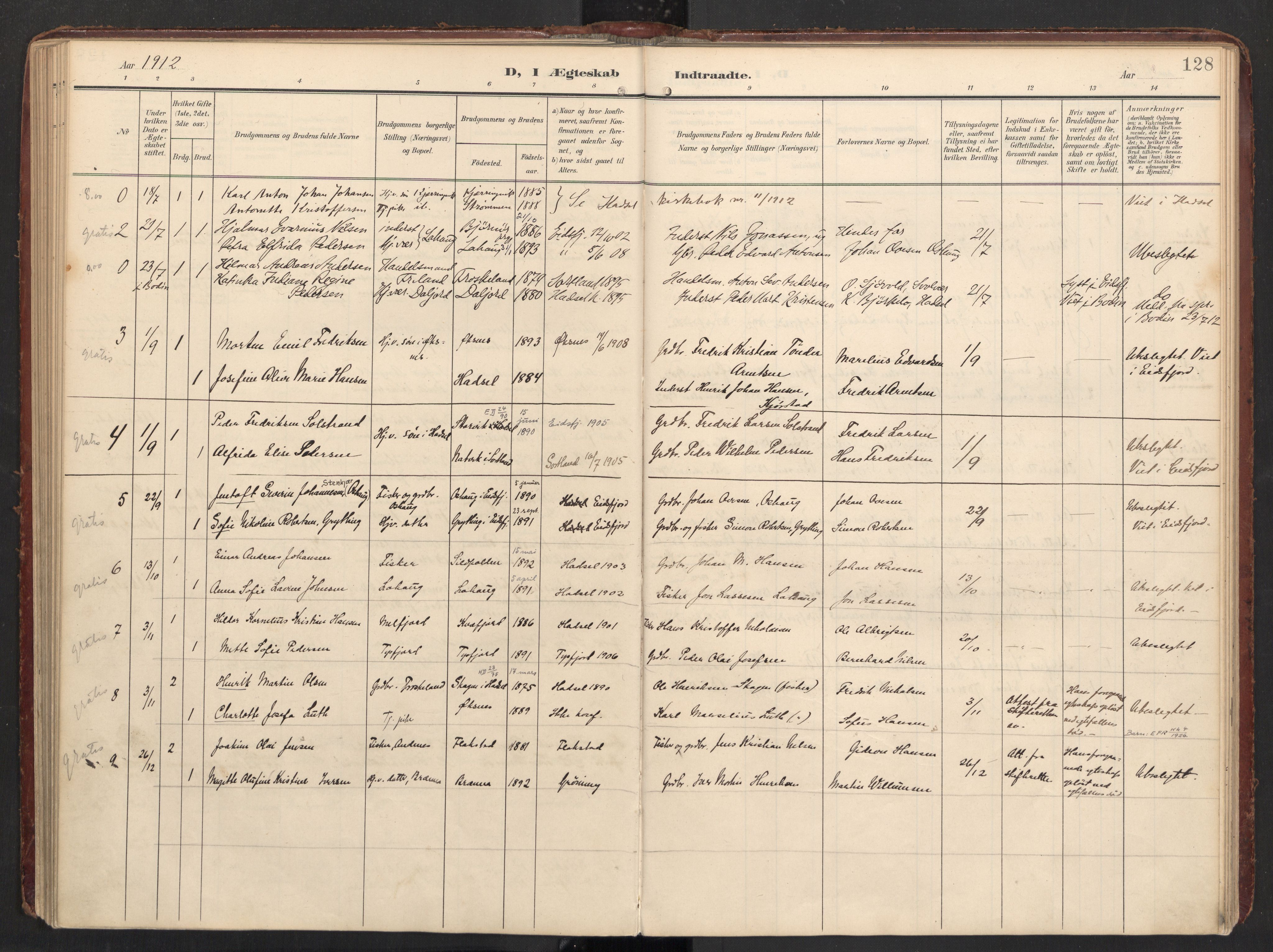 Ministerialprotokoller, klokkerbøker og fødselsregistre - Nordland, AV/SAT-A-1459/890/L1287: Ministerialbok nr. 890A02, 1903-1915, s. 128