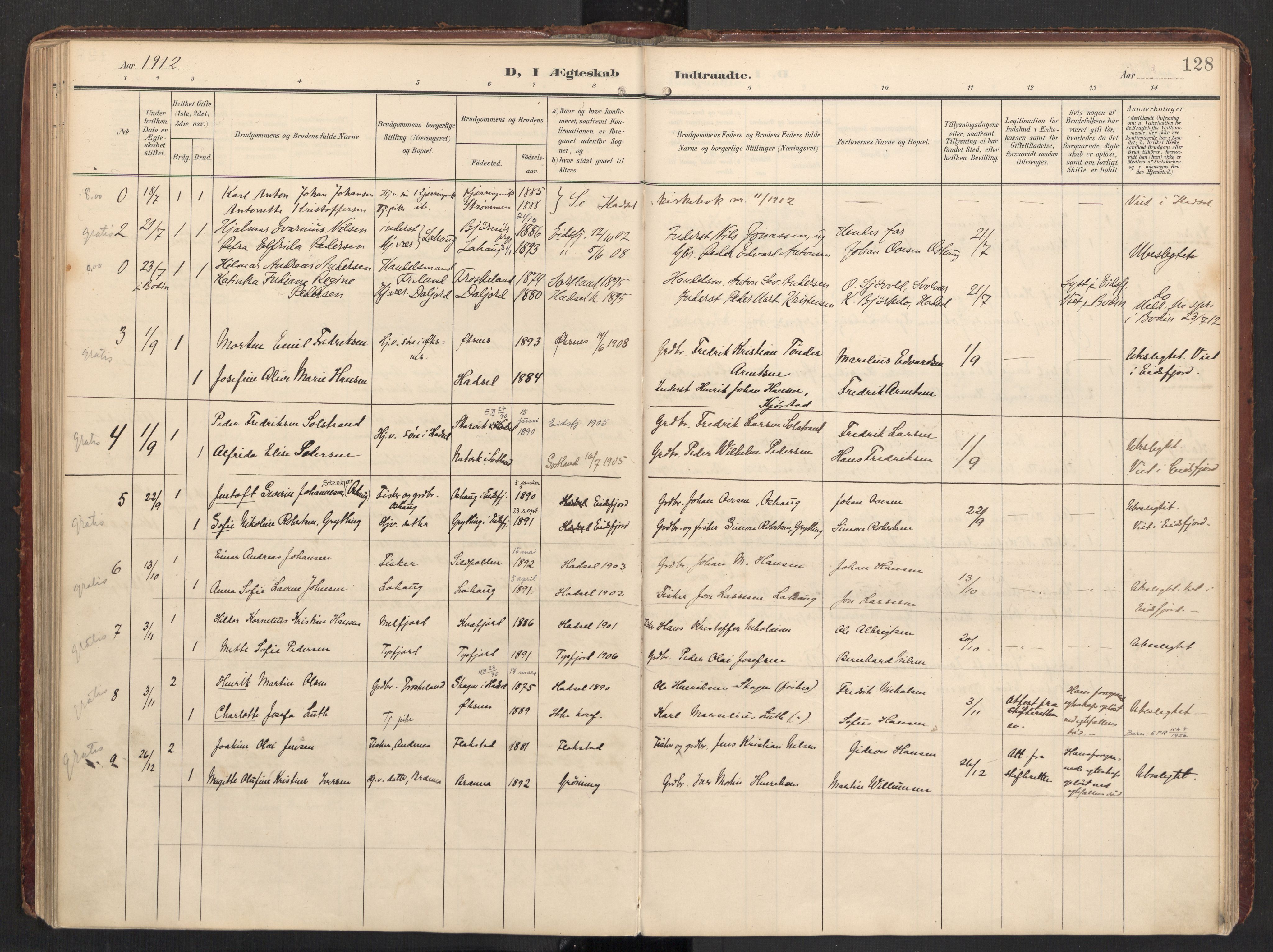 Ministerialprotokoller, klokkerbøker og fødselsregistre - Nordland, SAT/A-1459/890/L1287: Ministerialbok nr. 890A02, 1903-1915, s. 128