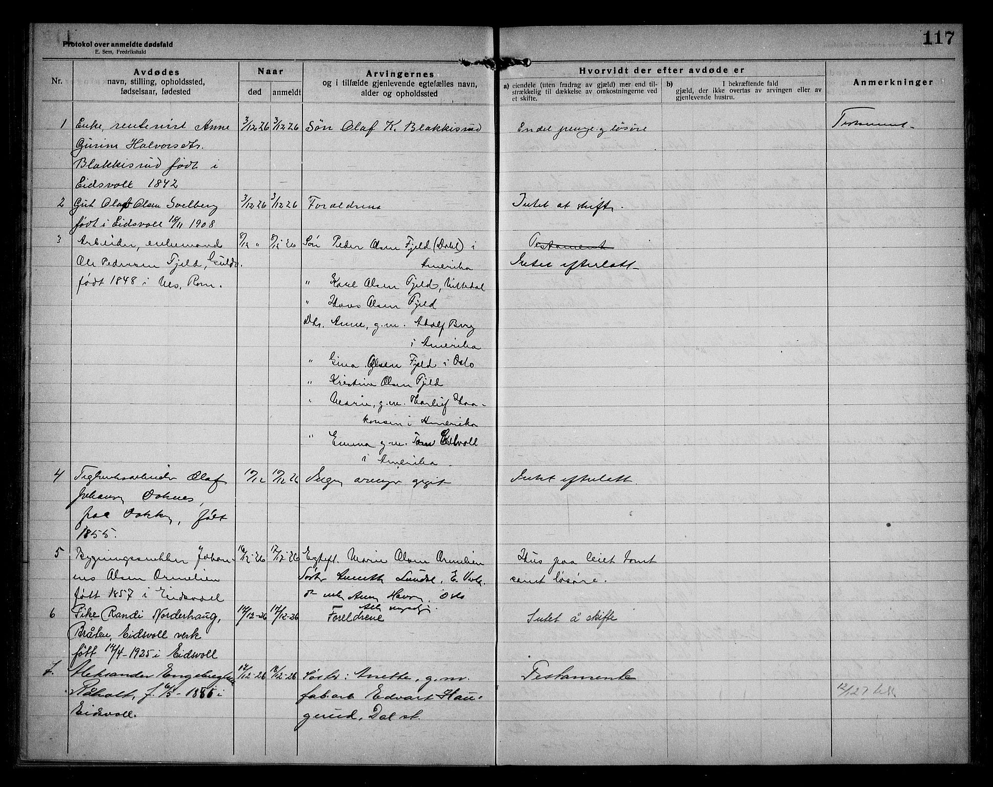 Eidsvoll lensmannskontor, AV/SAO-A-10266a/H/Ha/Haa/L0005: Dødsfallprotokoll, 1921-1930, s. 117