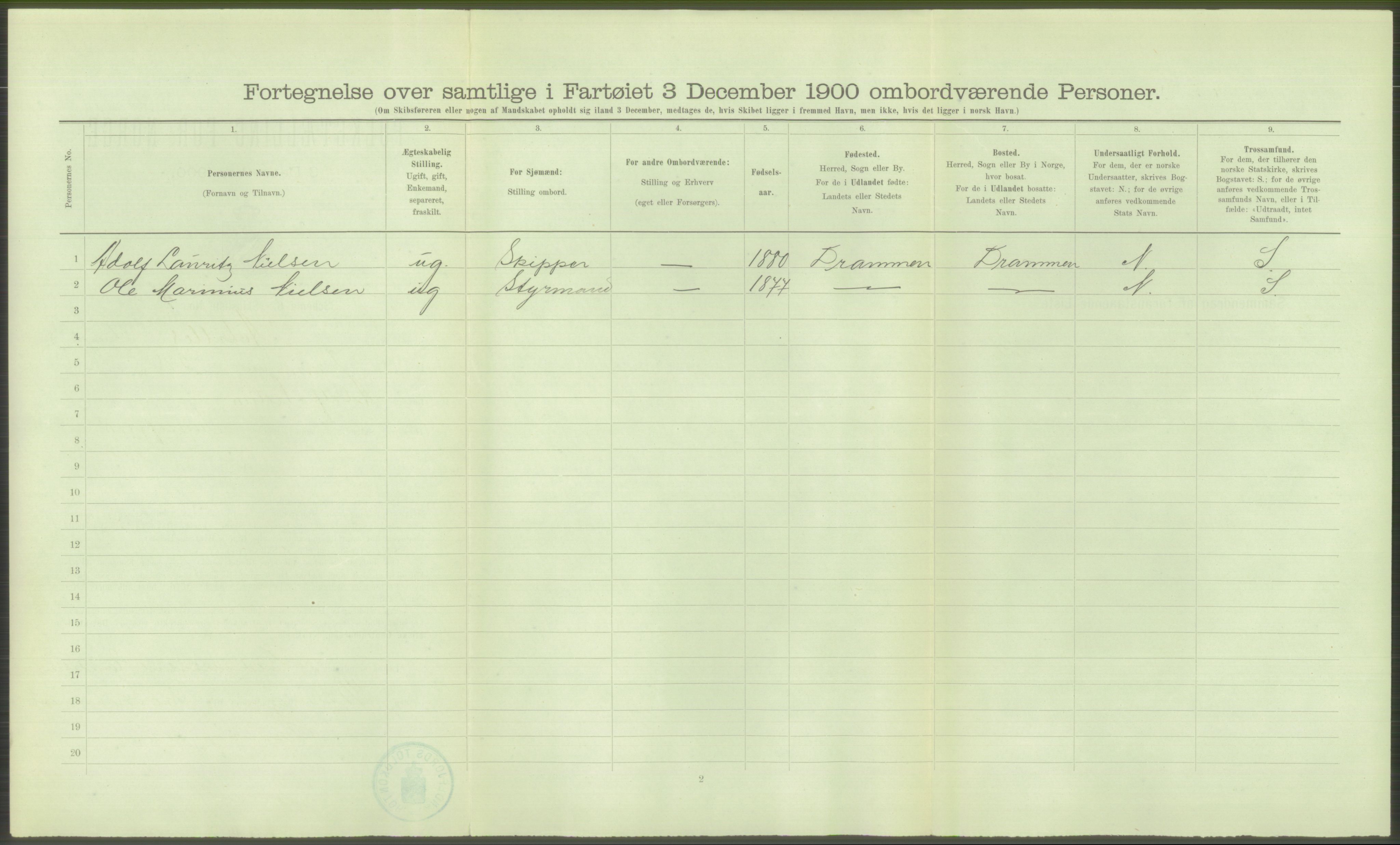 RA, Folketelling 1900 - skipslister med personlister for skip i norske havner, utenlandske havner og til havs, 1900, s. 538