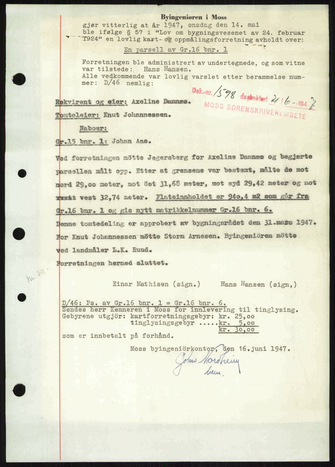 Moss sorenskriveri, SAO/A-10168: Pantebok nr. A17, 1947-1947, Dagboknr: 1598/1947