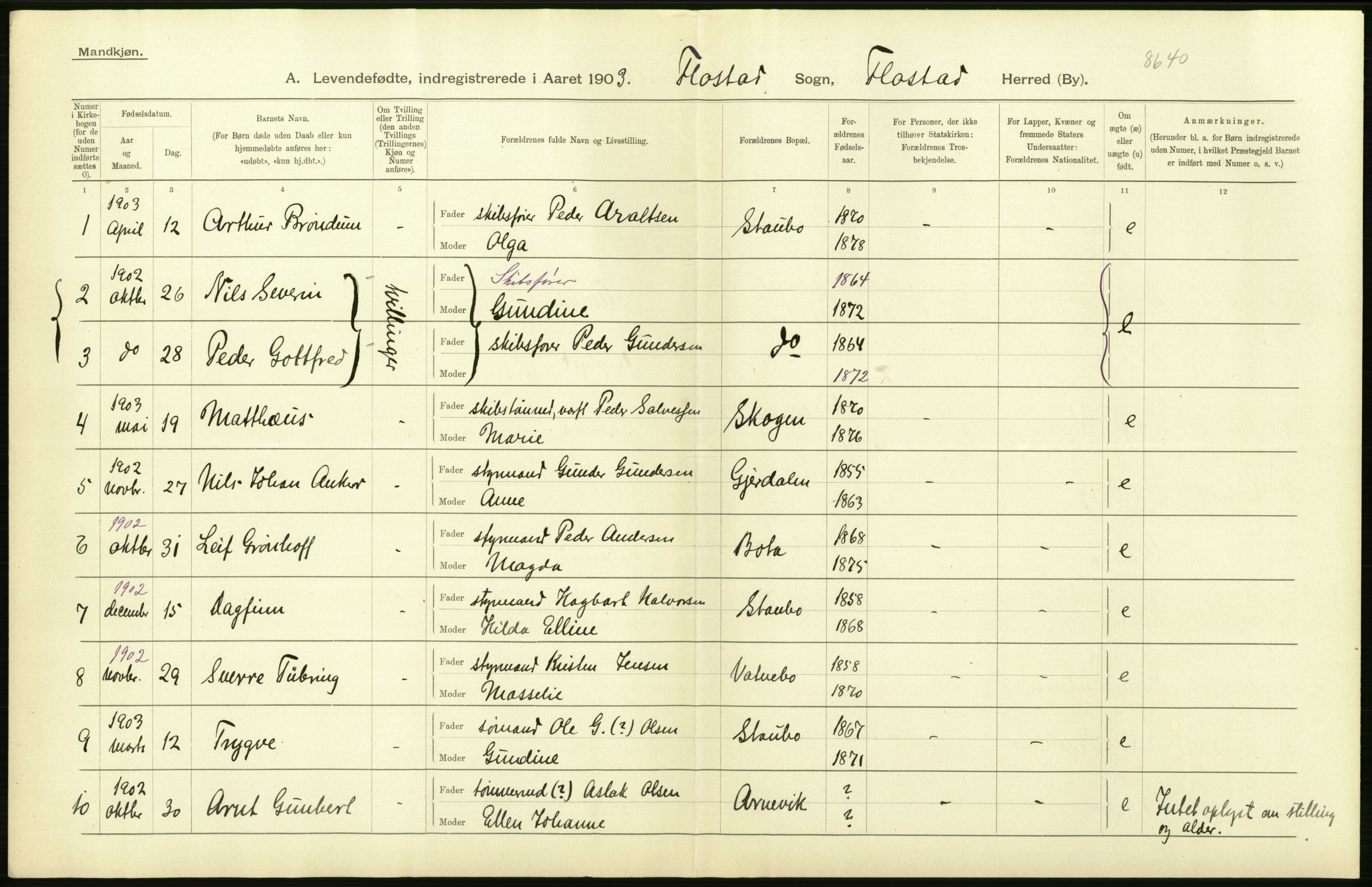 Statistisk sentralbyrå, Sosiodemografiske emner, Befolkning, AV/RA-S-2228/D/Df/Dfa/Dfaa/L0010: Nedenes amt: Fødte, gifte, døde, 1903, s. 6