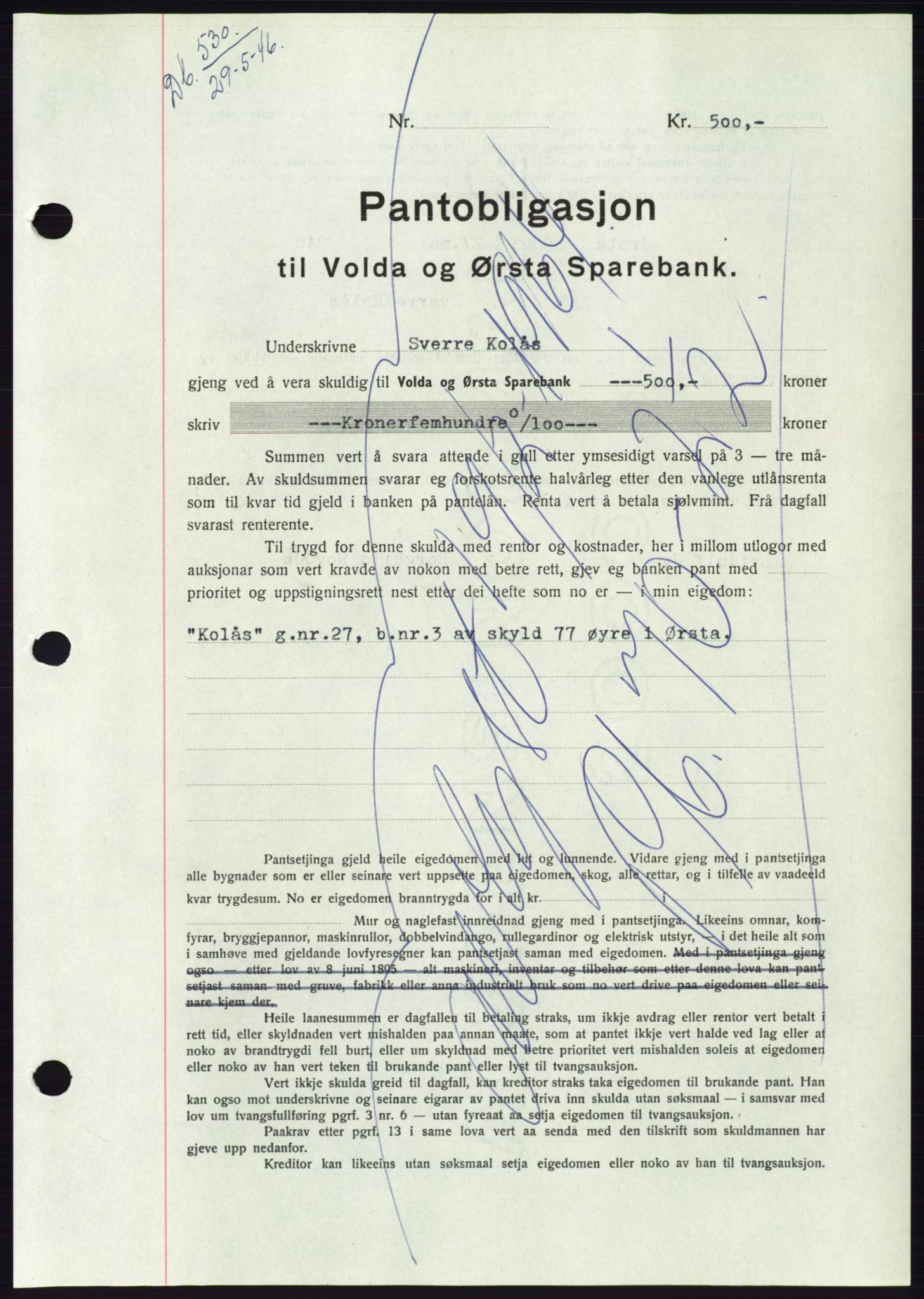 Søre Sunnmøre sorenskriveri, AV/SAT-A-4122/1/2/2C/L0114: Pantebok nr. 1-2B, 1943-1947, Dagboknr: 530/1946