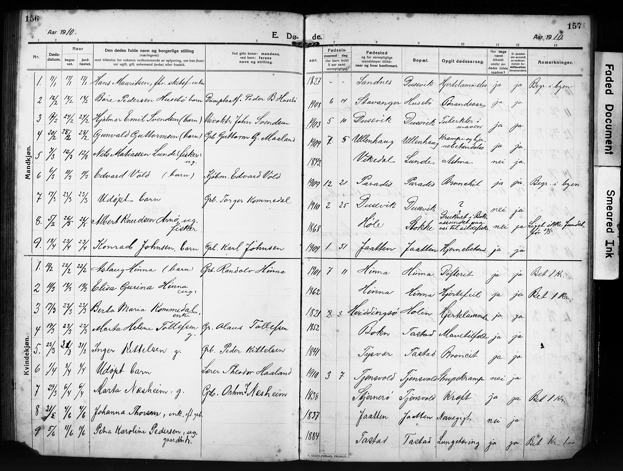Hetland sokneprestkontor, AV/SAST-A-101826/30/30BB/L0009: Klokkerbok nr. B 9, 1910-1931, s. 156-157
