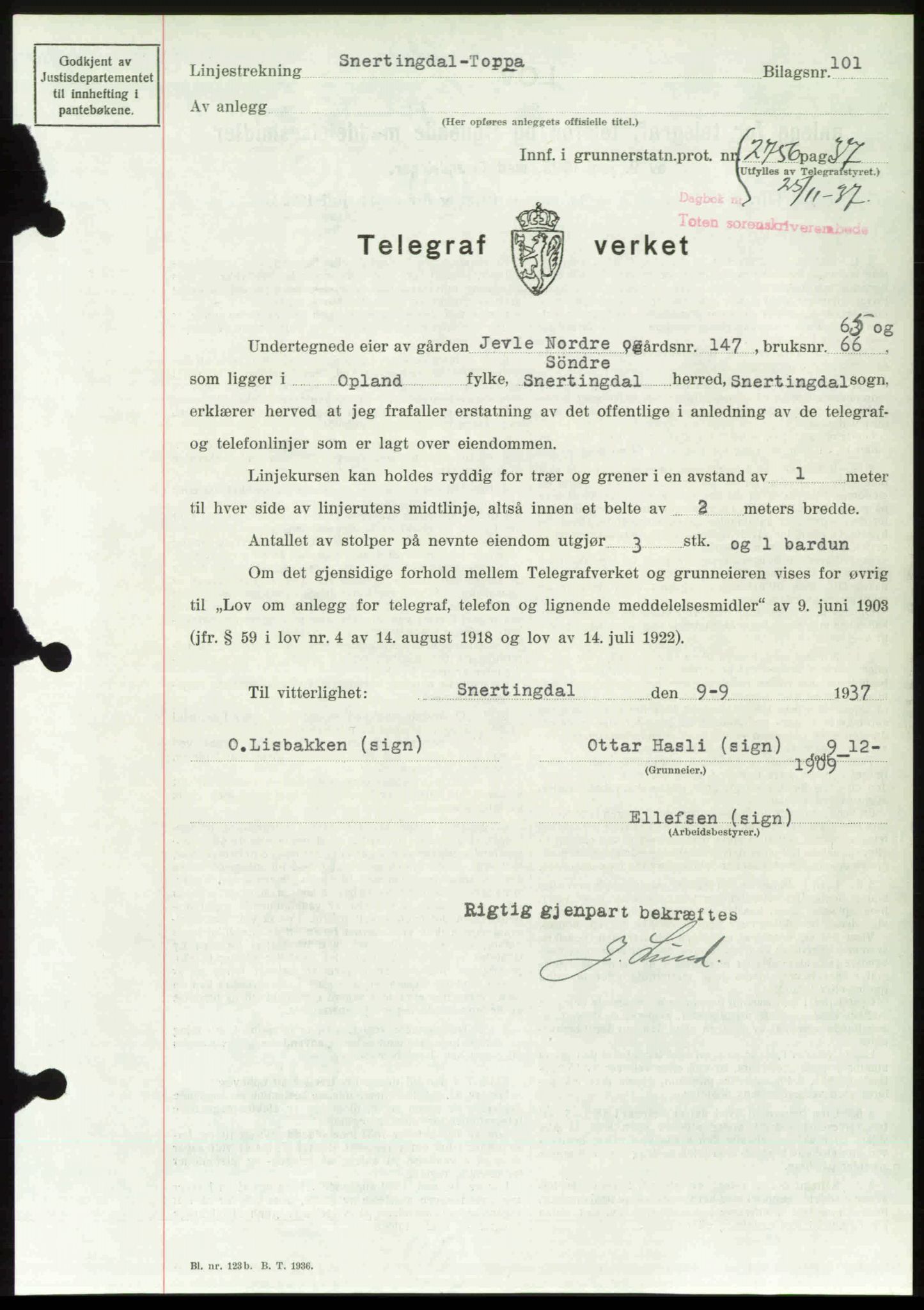 Toten tingrett, SAH/TING-006/H/Hb/Hbc/L0003: Pantebok nr. Hbc-03, 1937-1938, Dagboknr: 2756/1937