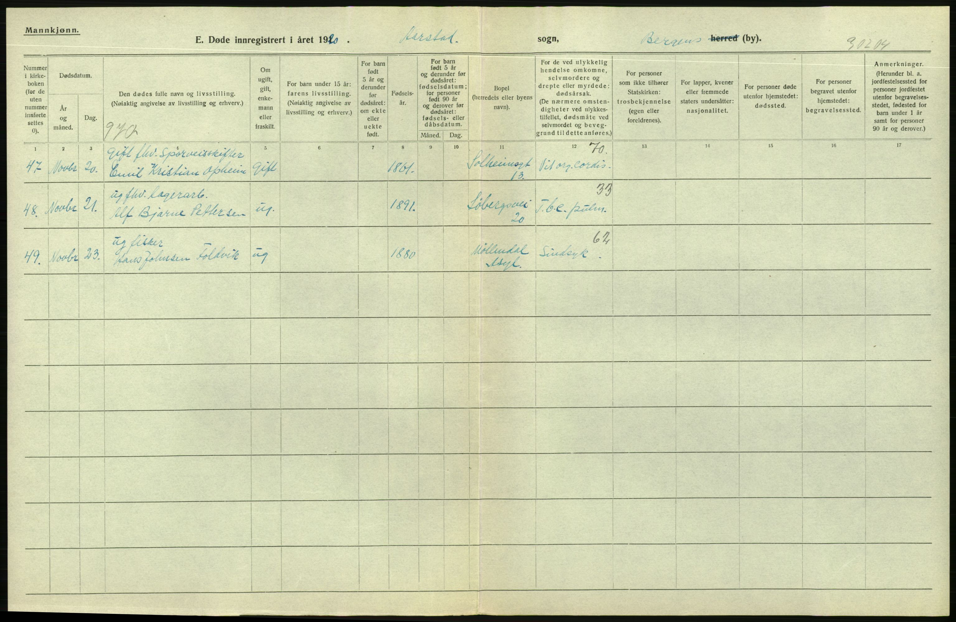 Statistisk sentralbyrå, Sosiodemografiske emner, Befolkning, AV/RA-S-2228/D/Df/Dfb/Dfbj/L0042: Bergen: Gifte, døde, dødfødte., 1920, s. 408