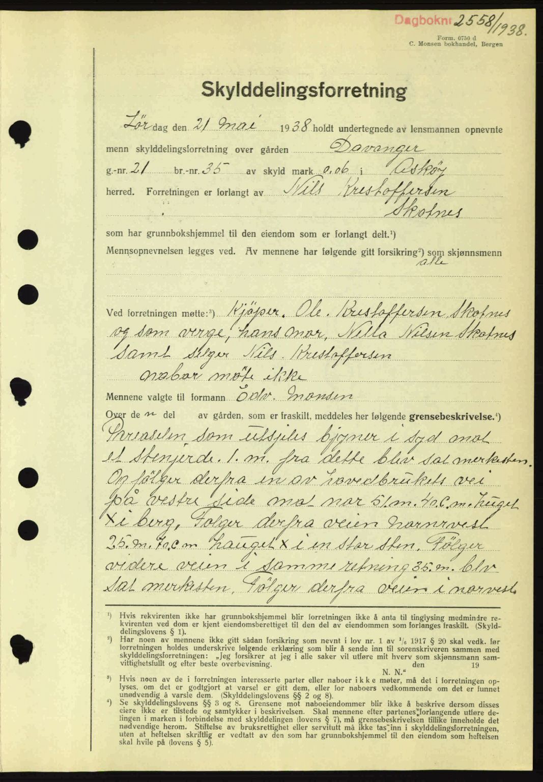 Midhordland sorenskriveri, SAB/A-3001/1/G/Gb/Gbh/L0005: Pantebok nr. A9-10, 1938-1938, Dagboknr: 2558/1938