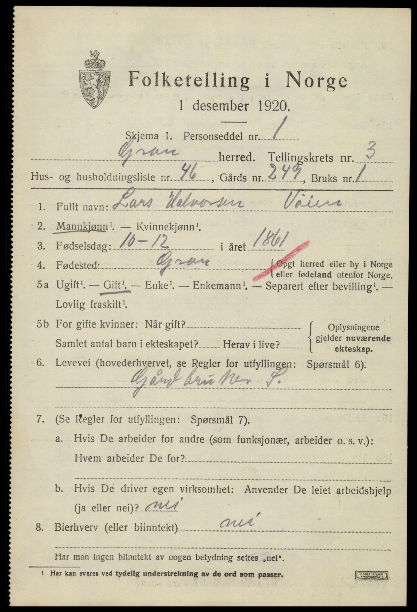 SAH, Folketelling 1920 for 0534 Gran herred, 1920, s. 5744