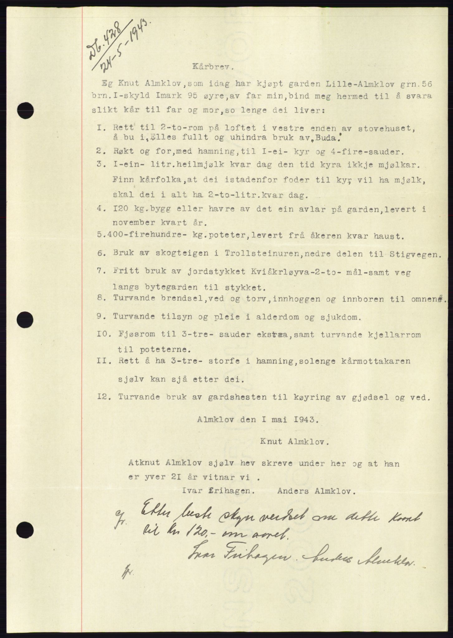 Søre Sunnmøre sorenskriveri, AV/SAT-A-4122/1/2/2C/L0114: Pantebok nr. 1-2B, 1943-1947, Dagboknr: 428/1943