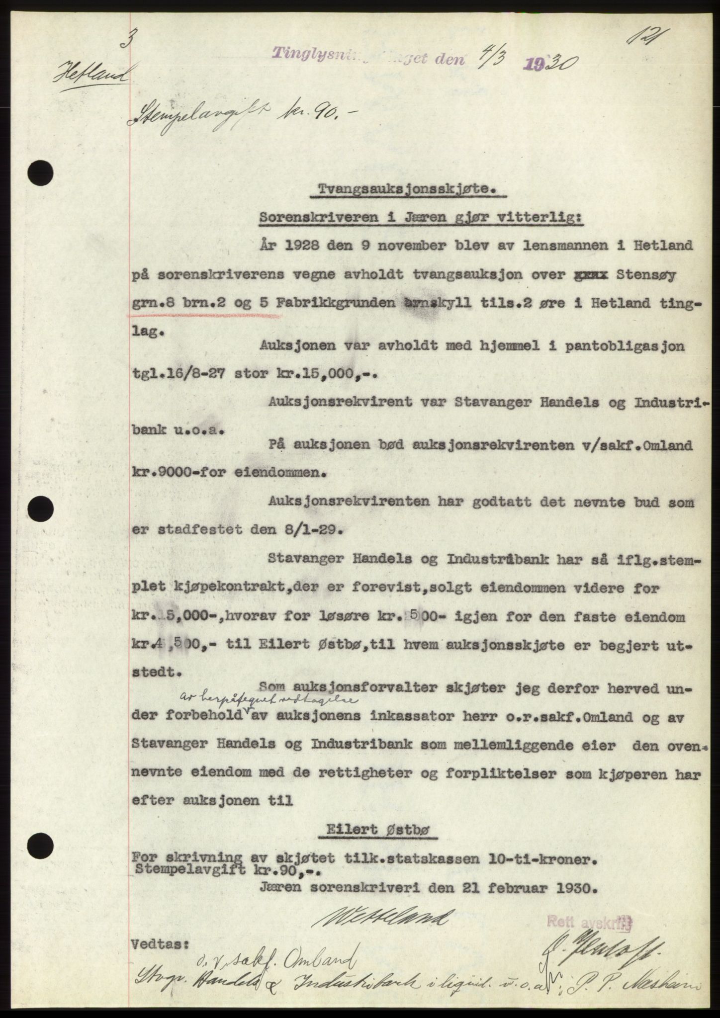 Jæren sorenskriveri, SAST/A-100310/03/G/Gba/L0057: Pantebok nr. 52, 1930-1930, Tingl.dato: 04.03.1930