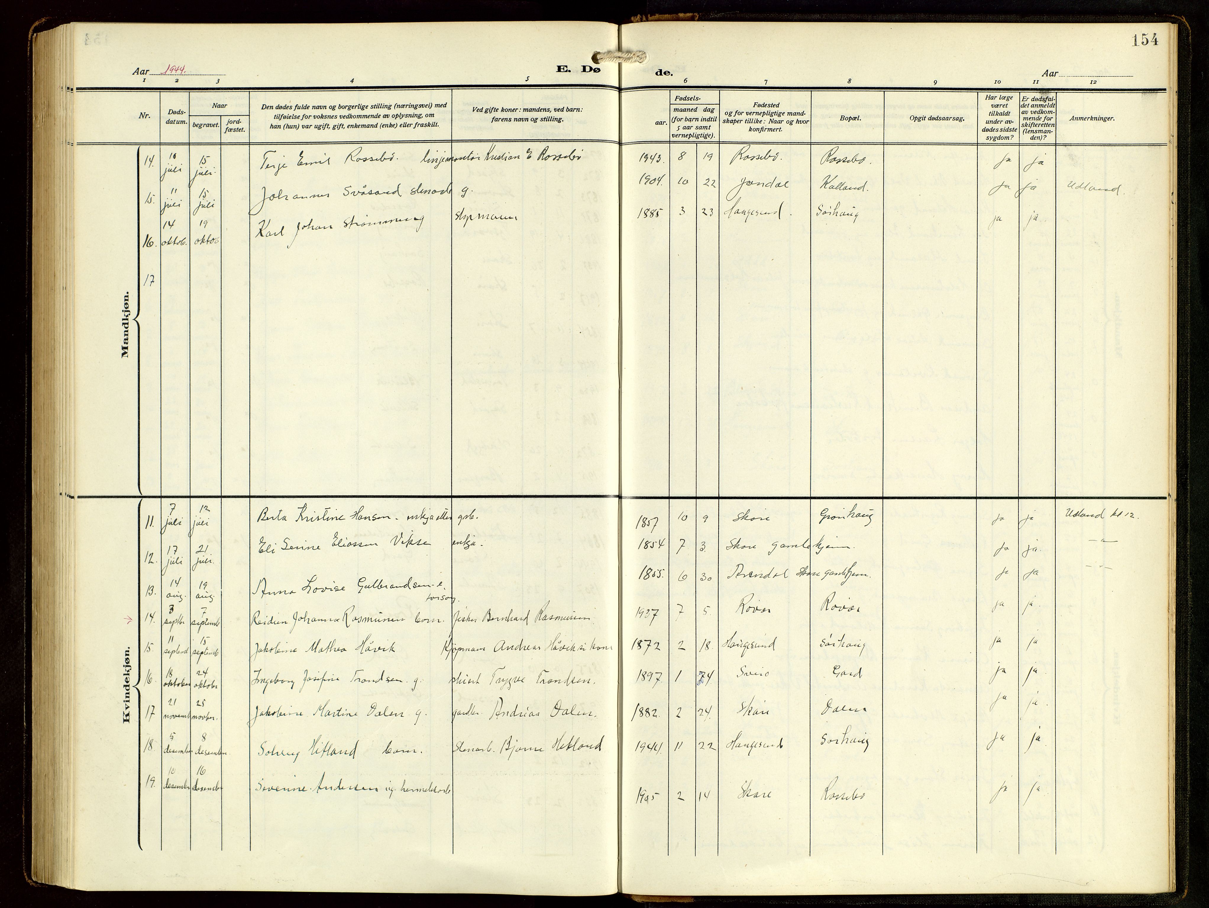 Haugesund sokneprestkontor, AV/SAST-A -101863/H/Ha/Hab/L0006: Klokkerbok nr. B 9, 1909-1951, s. 154