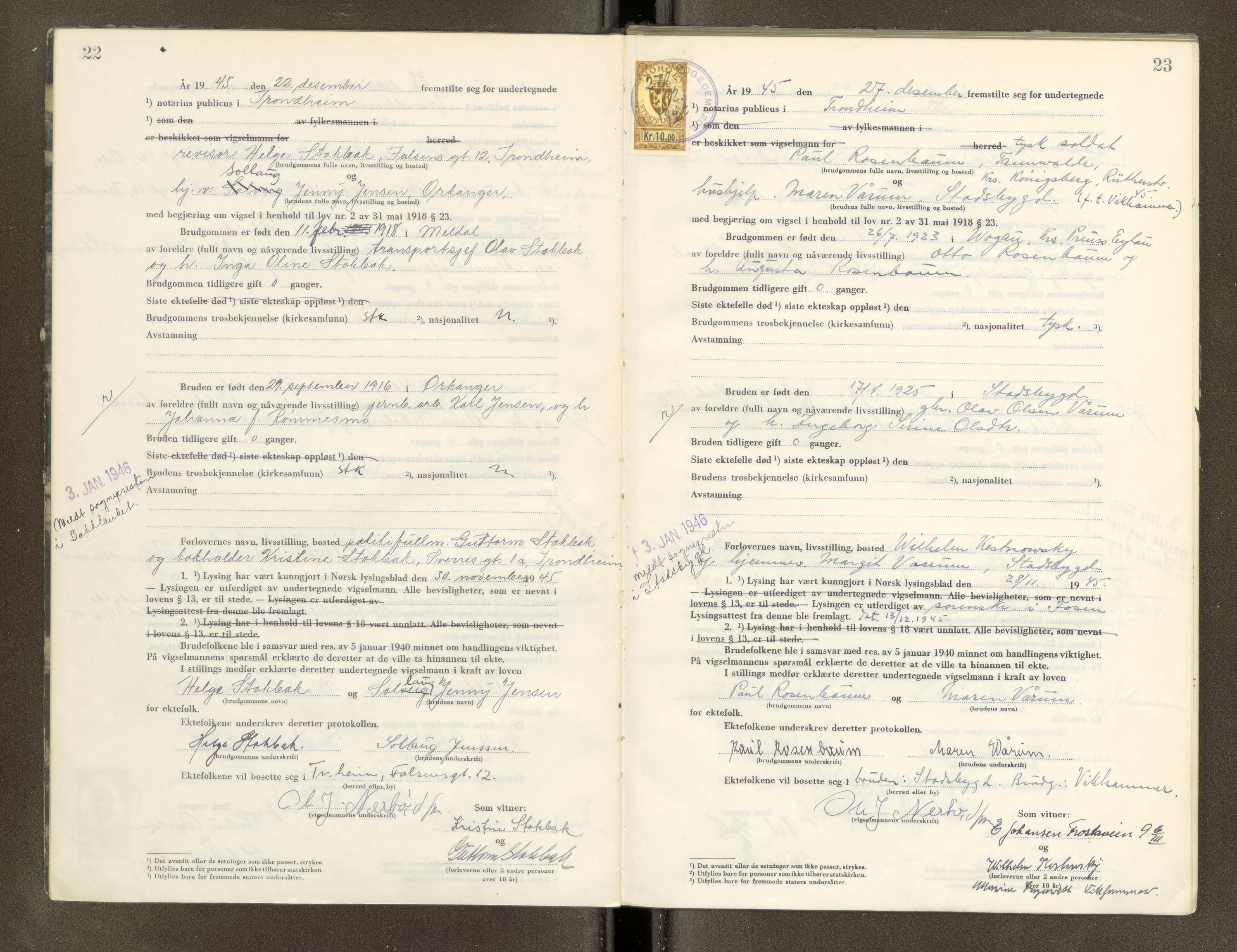 Trondheim byfogd, AV/SAT-A-0003/1/6/6D/L0005: Vigselbøker, 1944-1948, s. 22-23