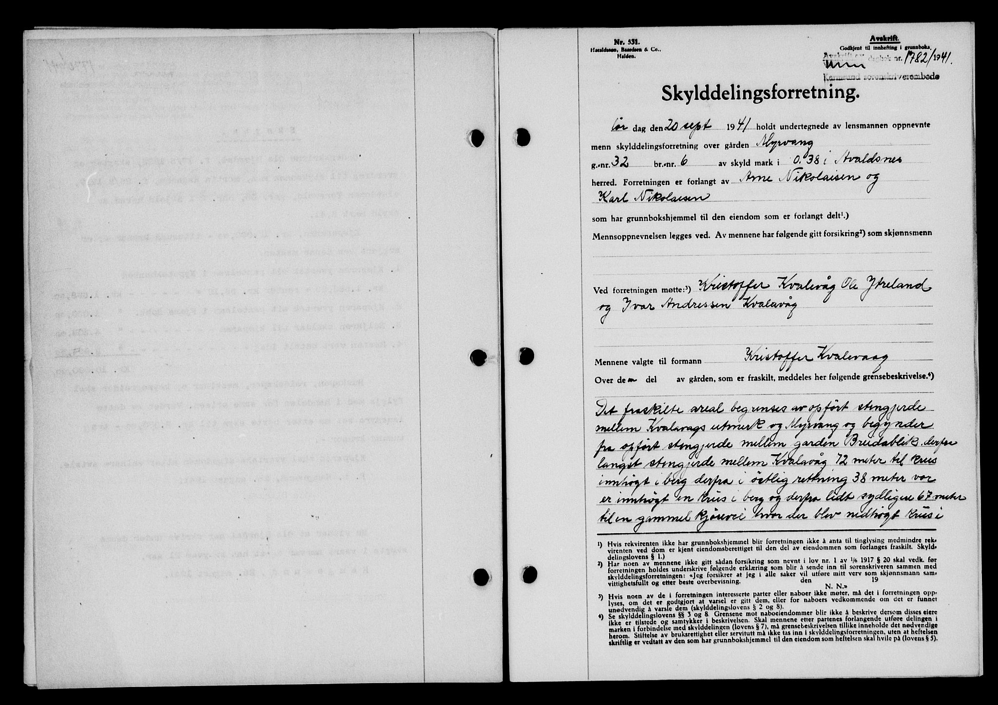 Karmsund sorenskriveri, SAST/A-100311/01/II/IIB/L0076: Pantebok nr. 57A, 1941-1941, Dagboknr: 1782/1941