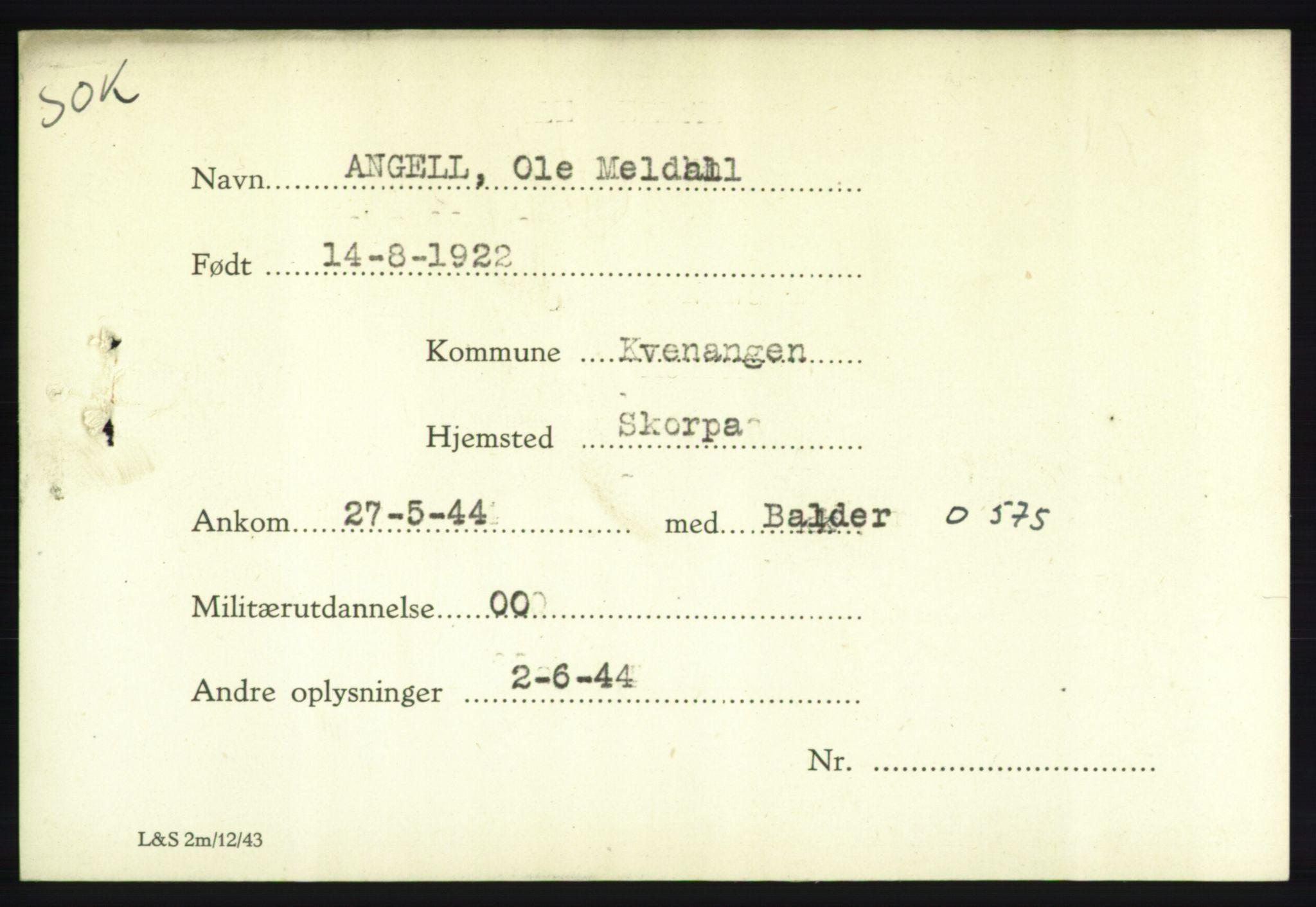Forsvarets Overkommando. 2. kontor. Arkiv 8.1. Mottakersentralen FDE og FO.II, RA/RAFA-6952/P/Pa/L0002: Angell - Beylegaard , 1940-1945, s. 4