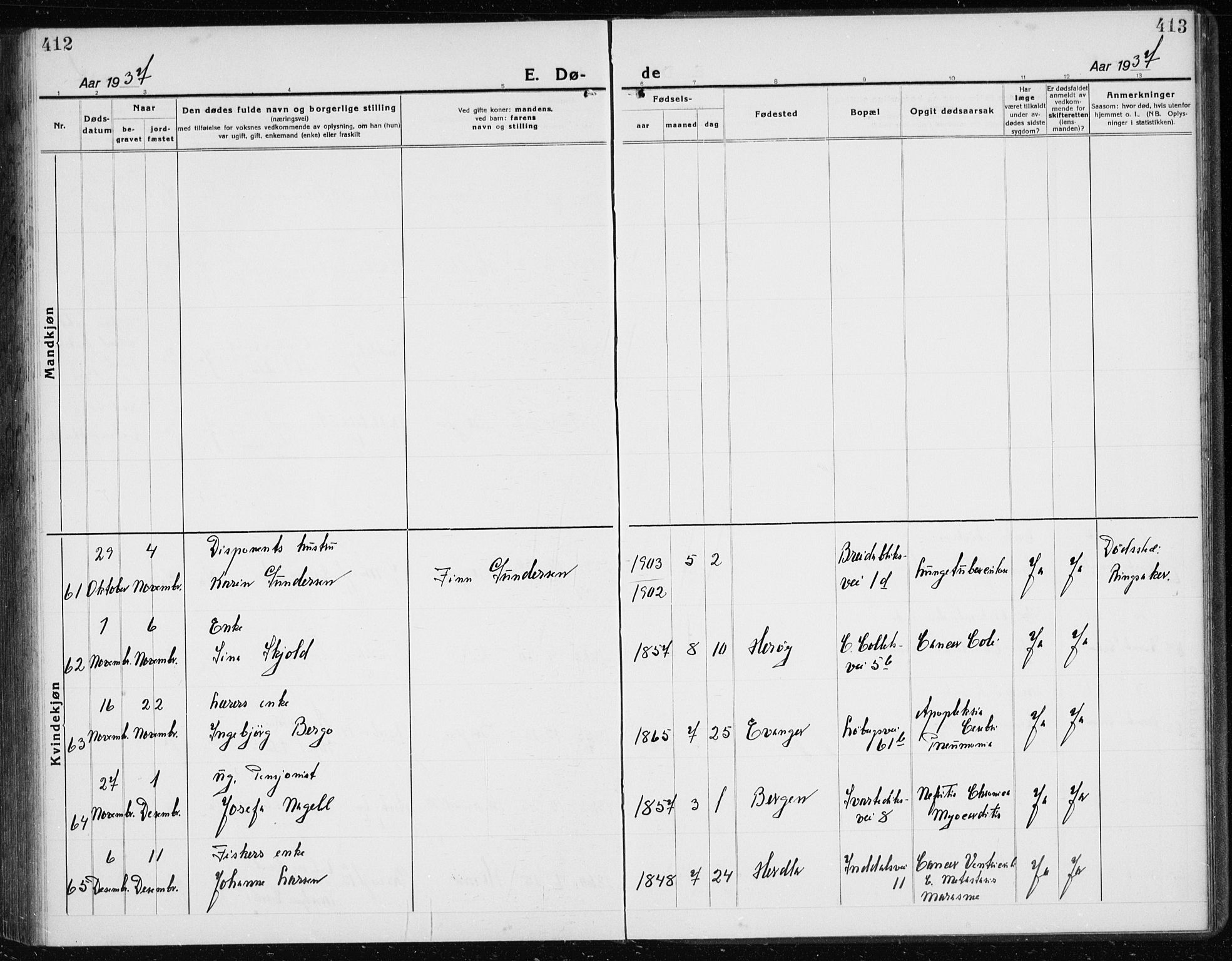 Årstad Sokneprestembete, AV/SAB-A-79301/H/Hab/L0025: Klokkerbok nr. D 2, 1922-1940, s. 412-413