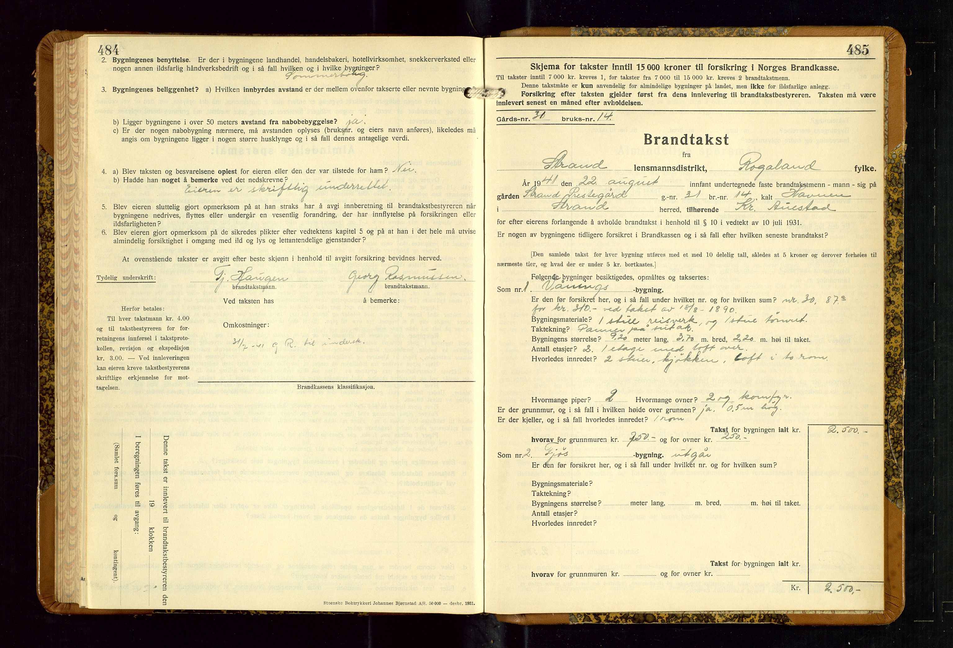 Strand og Forsand lensmannskontor, AV/SAST-A-100451/Gob/L0001: Branntakstprotokoll, 1935-1942, s. 484-485