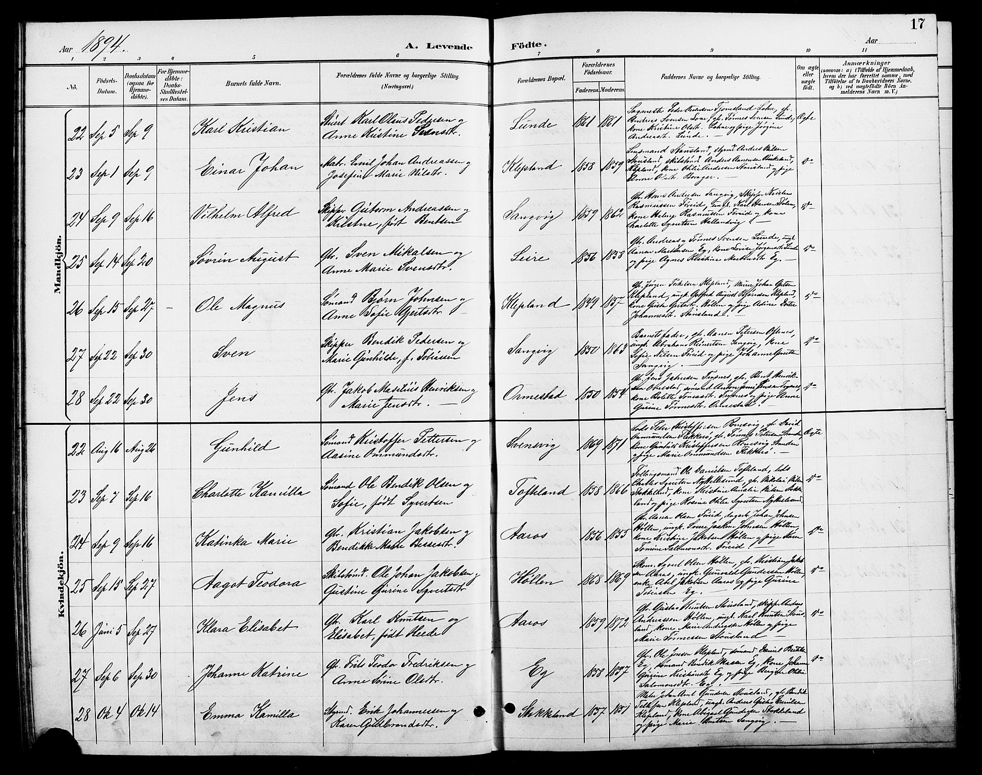 Søgne sokneprestkontor, AV/SAK-1111-0037/F/Fb/Fbb/L0006: Klokkerbok nr. B 6, 1892-1911, s. 17