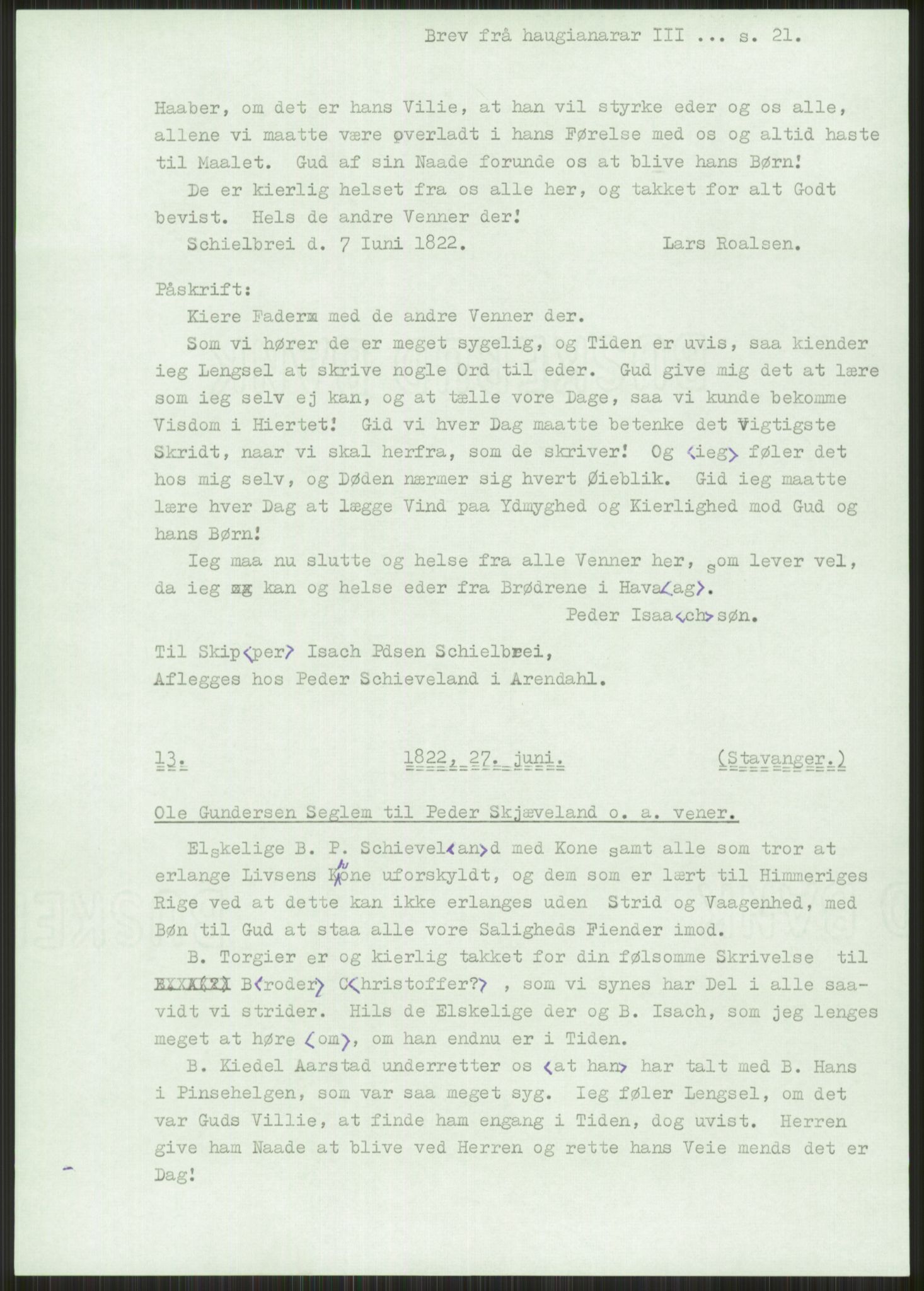 Samlinger til kildeutgivelse, Haugianerbrev, AV/RA-EA-6834/F/L0003: Haugianerbrev III: 1822-1826, 1822-1826, s. 21