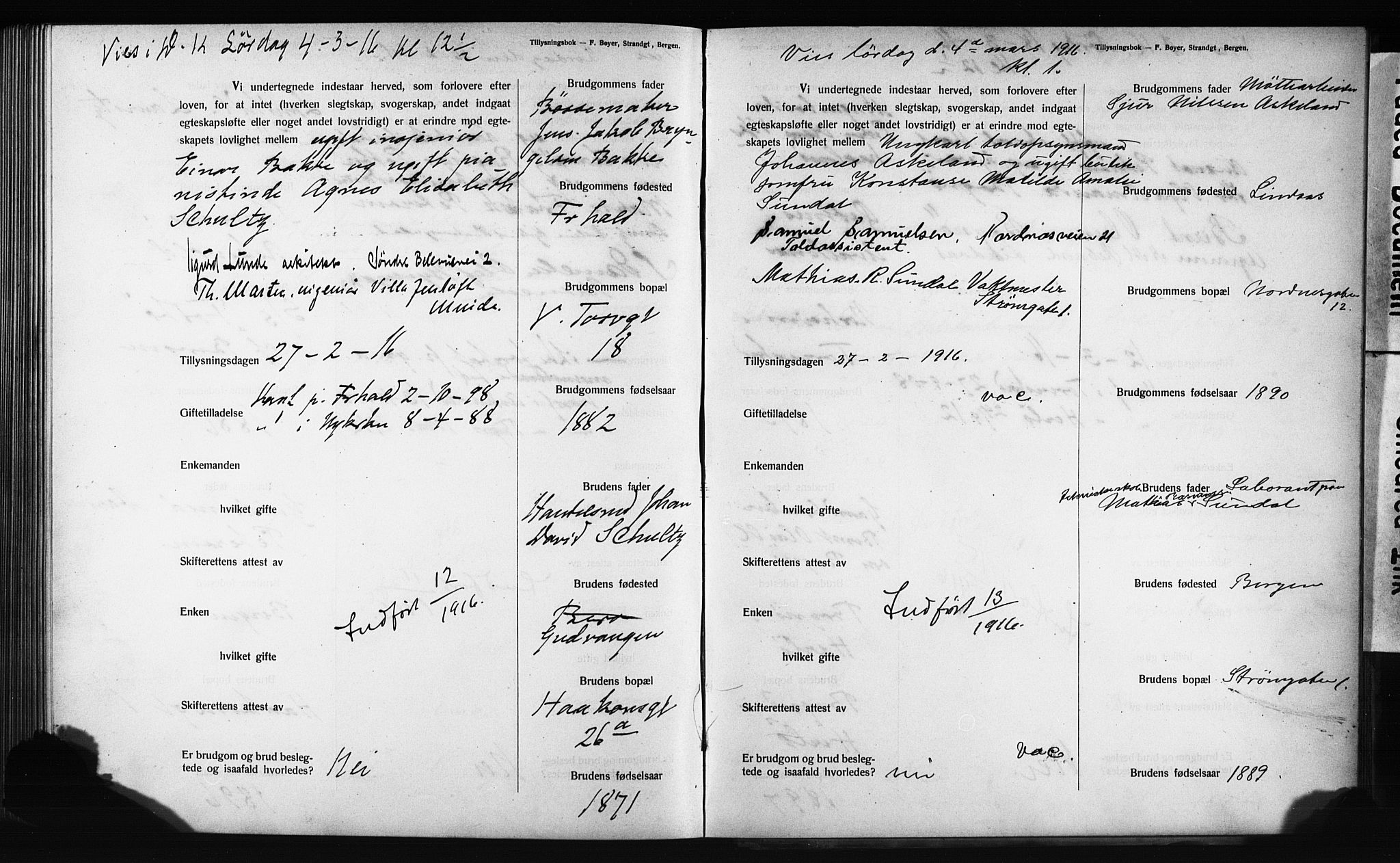 Domkirken sokneprestembete, SAB/A-74801: Forlovererklæringer nr. II.5.12, 1910-1917, s. 331