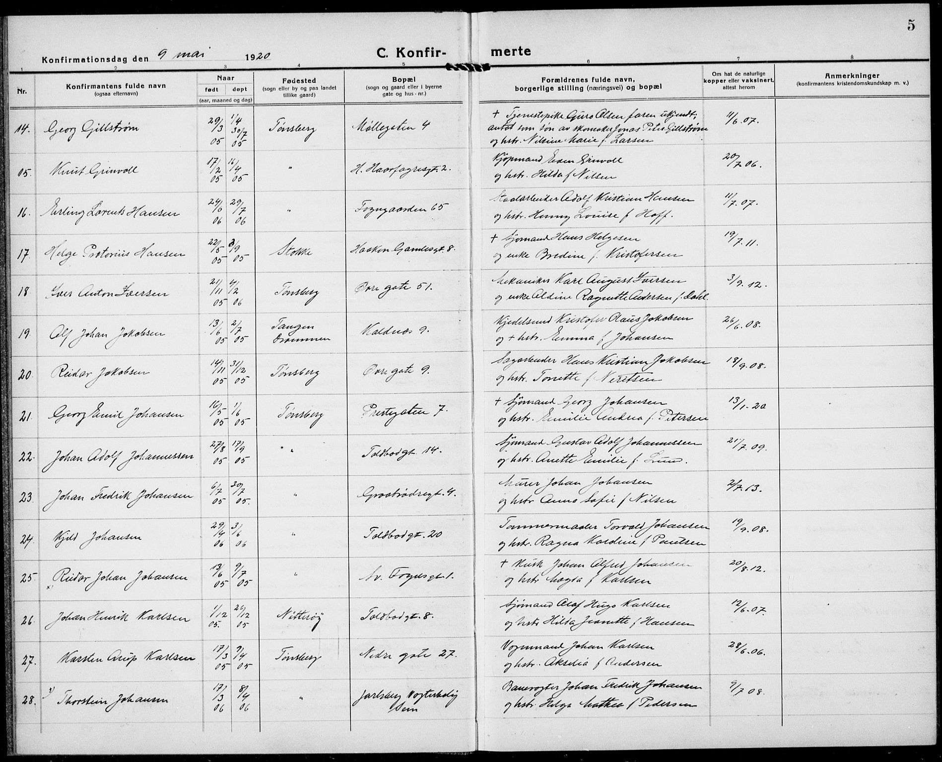 Tønsberg kirkebøker, AV/SAKO-A-330/G/Ga/L0013: Klokkerbok nr. 13, 1920-1929, s. 5