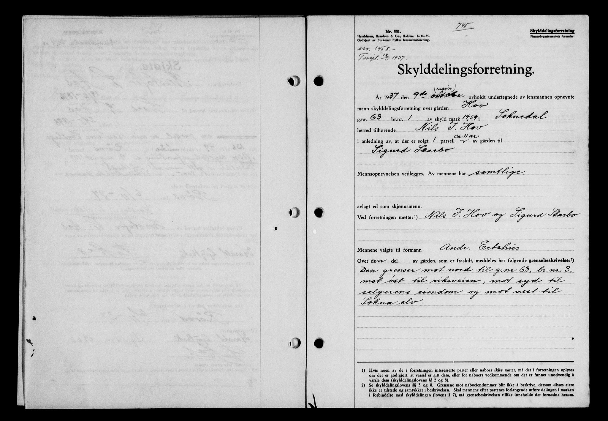 Gauldal sorenskriveri, SAT/A-0014/1/2/2C/L0048: Pantebok nr. 51-52, 1937-1938, s. 745, Dagboknr: 1458/1937