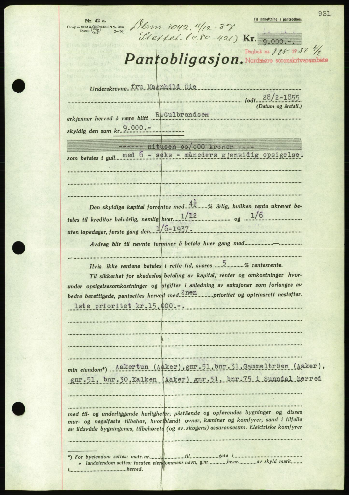 Nordmøre sorenskriveri, AV/SAT-A-4132/1/2/2Ca/L0090: Pantebok nr. B80, 1936-1937, Dagboknr: 328/1937