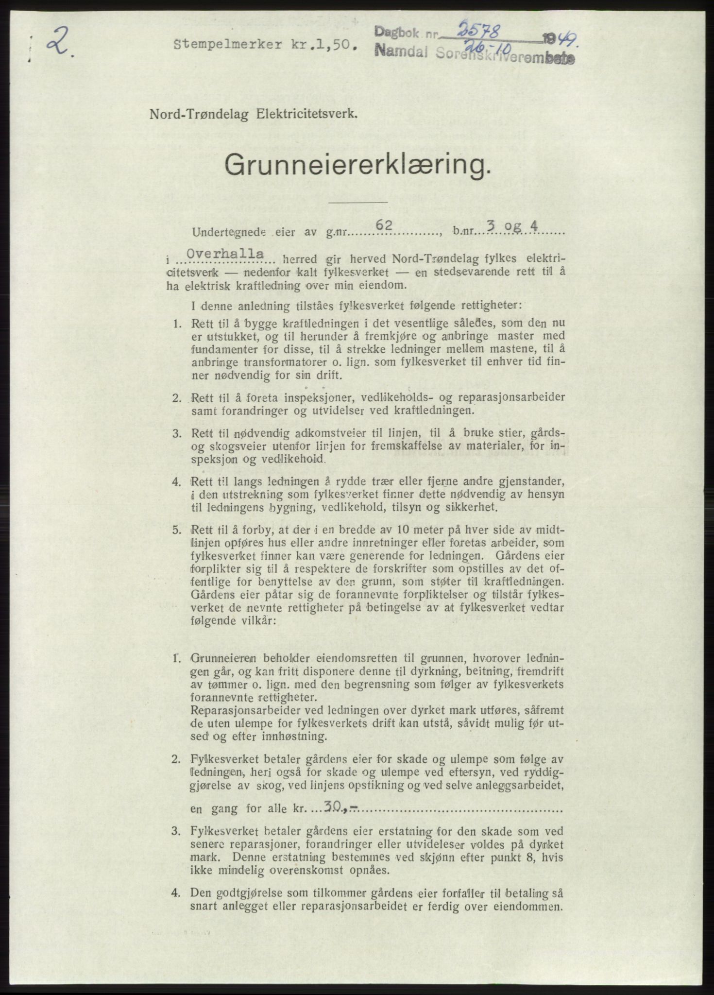 Namdal sorenskriveri, SAT/A-4133/1/2/2C: Pantebok nr. -, 1949-1949, Dagboknr: 2578/1949