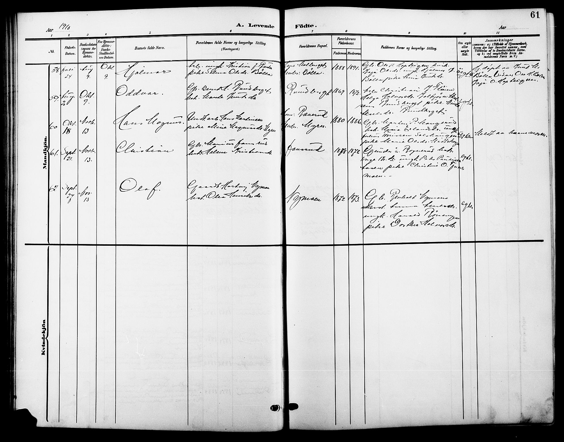 Våler prestekontor, Hedmark, AV/SAH-PREST-040/H/Ha/Hab/L0002: Klokkerbok nr. 2, 1905-1915, s. 61
