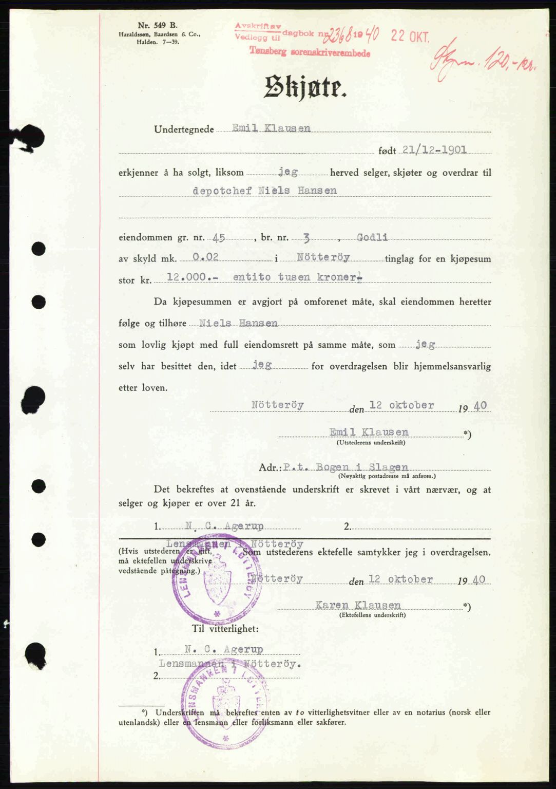 Tønsberg sorenskriveri, AV/SAKO-A-130/G/Ga/Gaa/L0009: Pantebok nr. A9, 1940-1941, Dagboknr: 2368/1940