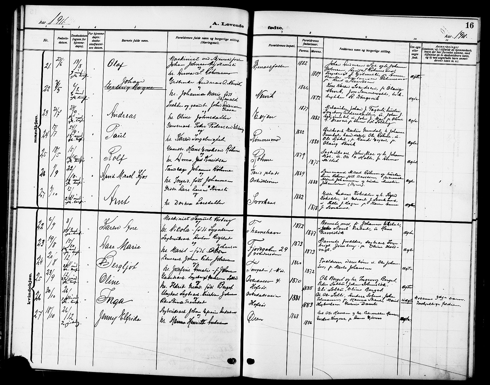 Ministerialprotokoller, klokkerbøker og fødselsregistre - Sør-Trøndelag, AV/SAT-A-1456/669/L0831: Klokkerbok nr. 669C01, 1909-1924, s. 16