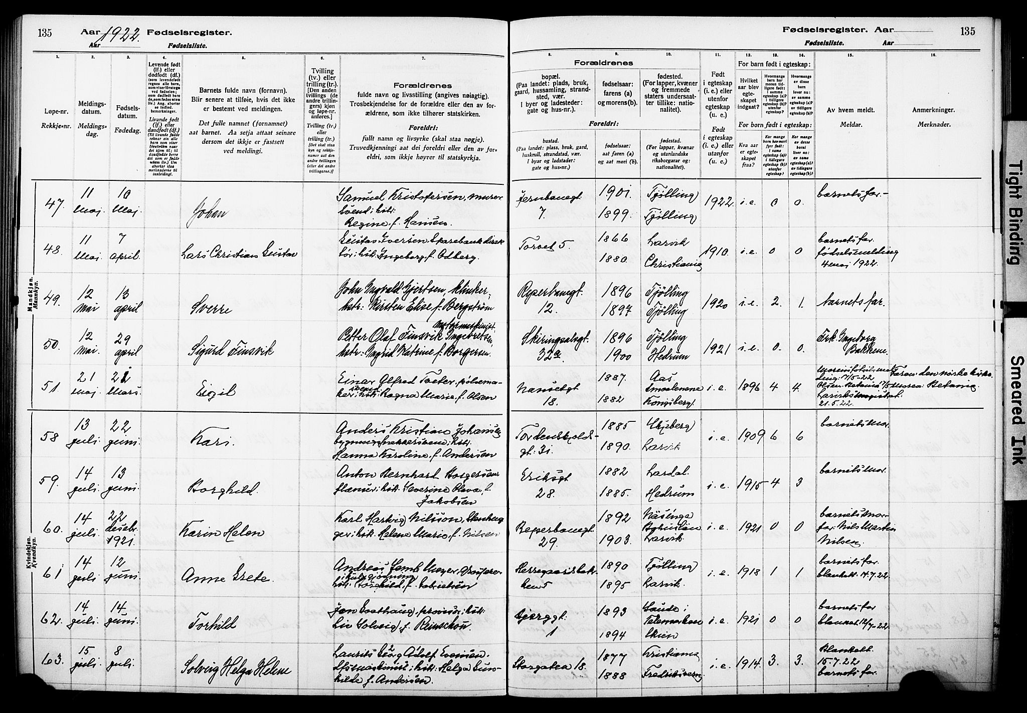 Larvik kirkebøker, AV/SAKO-A-352/J/Ja/L0001: Fødselsregister nr. I 1, 1916-1926, s. 135