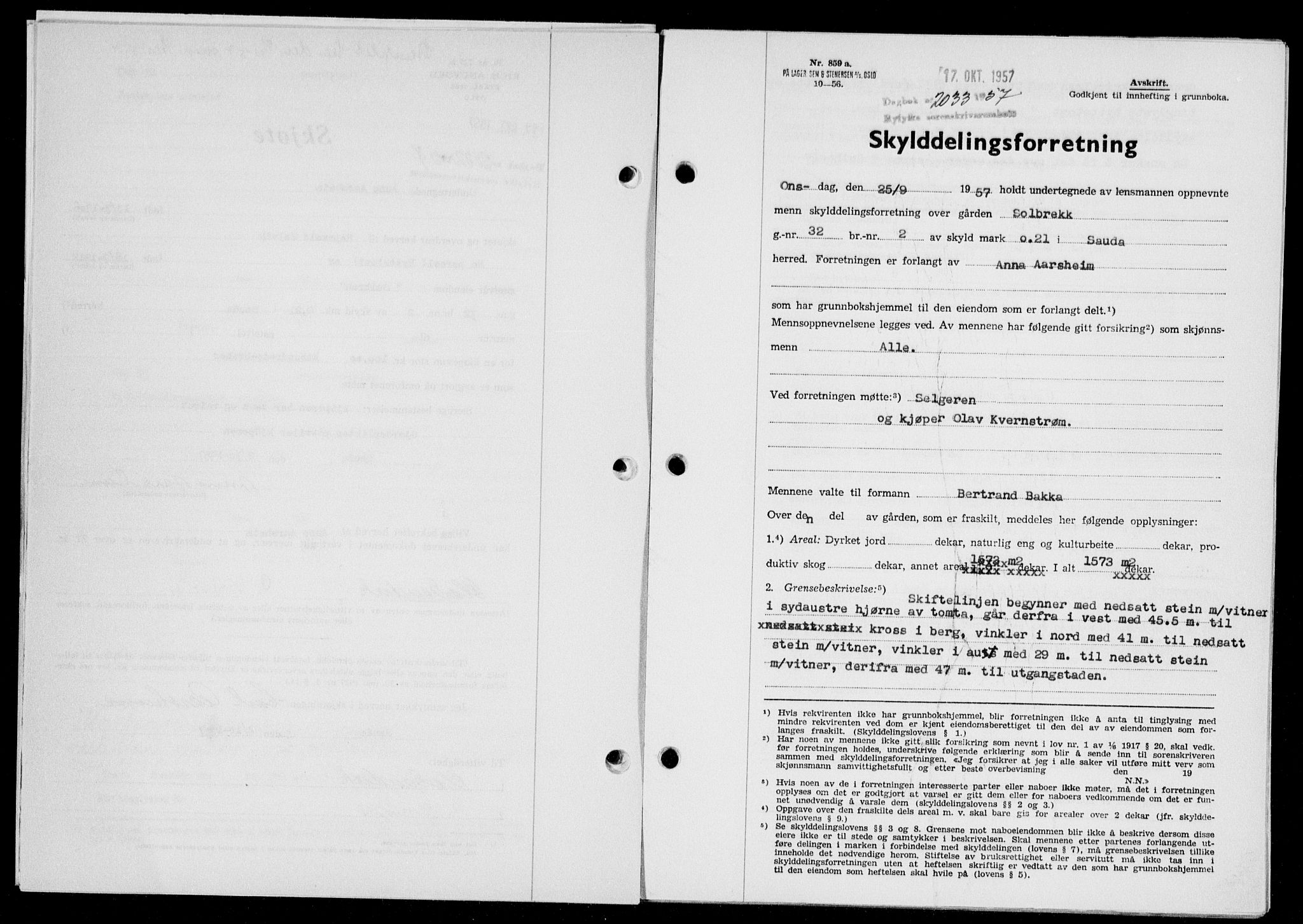 Ryfylke tingrett, SAST/A-100055/001/II/IIB/L0139: Pantebok nr. 118, 1957-1957, Dagboknr: 2033/1957