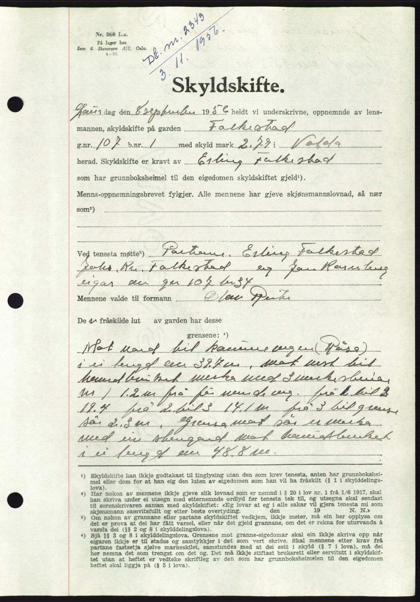 Søre Sunnmøre sorenskriveri, AV/SAT-A-4122/1/2/2C/L0104: Pantebok nr. 30A, 1956-1956, Dagboknr: 2343/1956