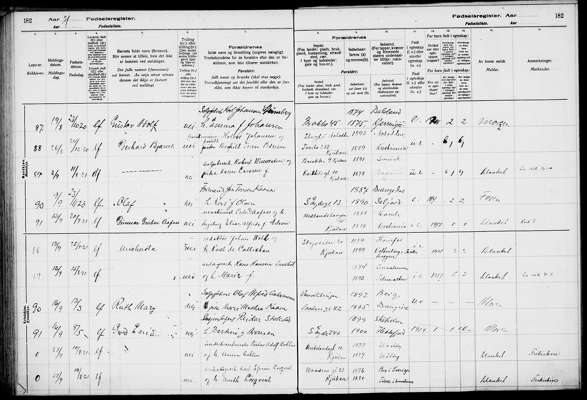 Rjukan kirkebøker, AV/SAKO-A-294/J/Ja/L0001: Fødselsregister nr. 1, 1916-1922, s. 182