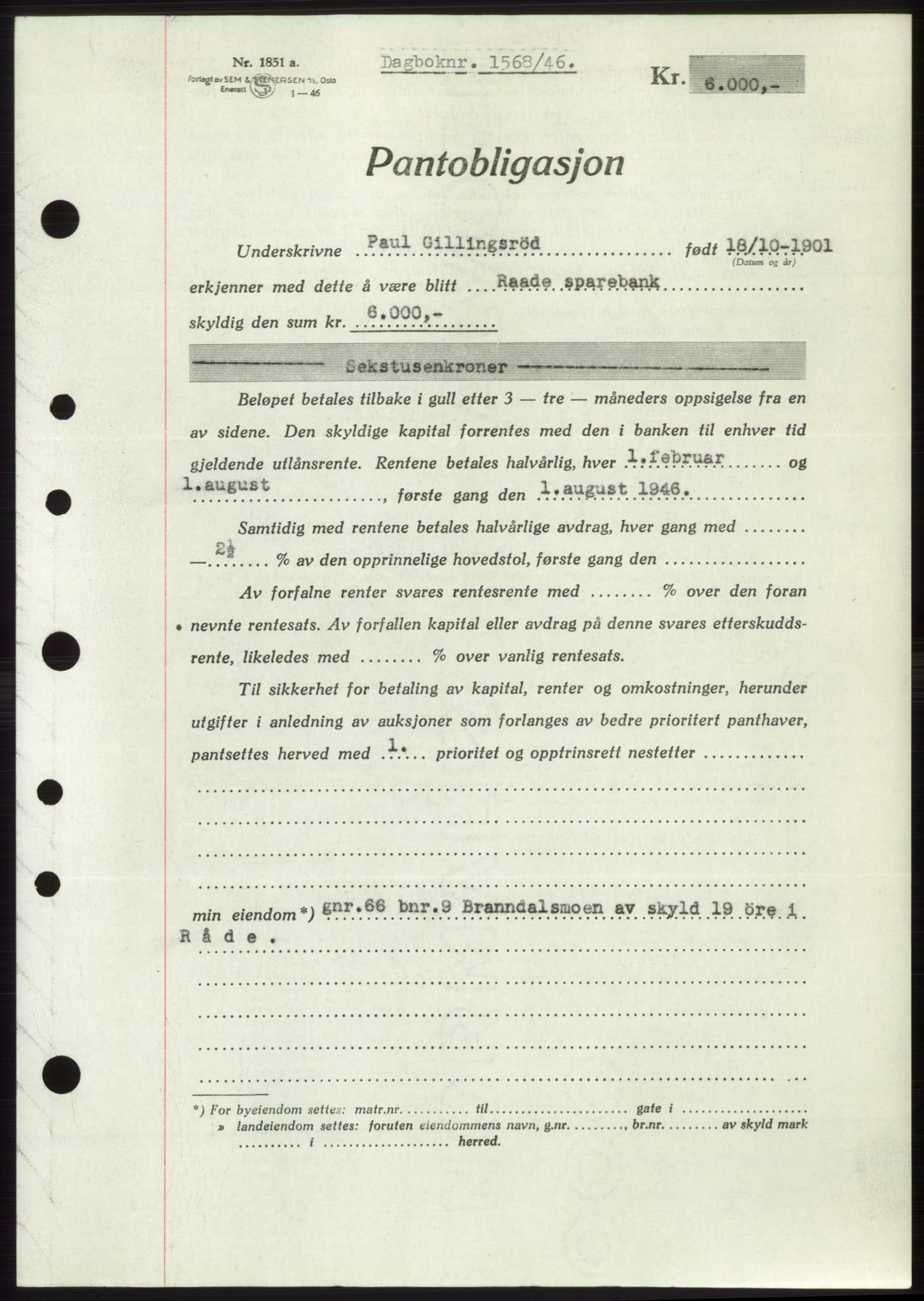 Moss sorenskriveri, SAO/A-10168: Pantebok nr. B15, 1946-1946, Dagboknr: 1568/1946