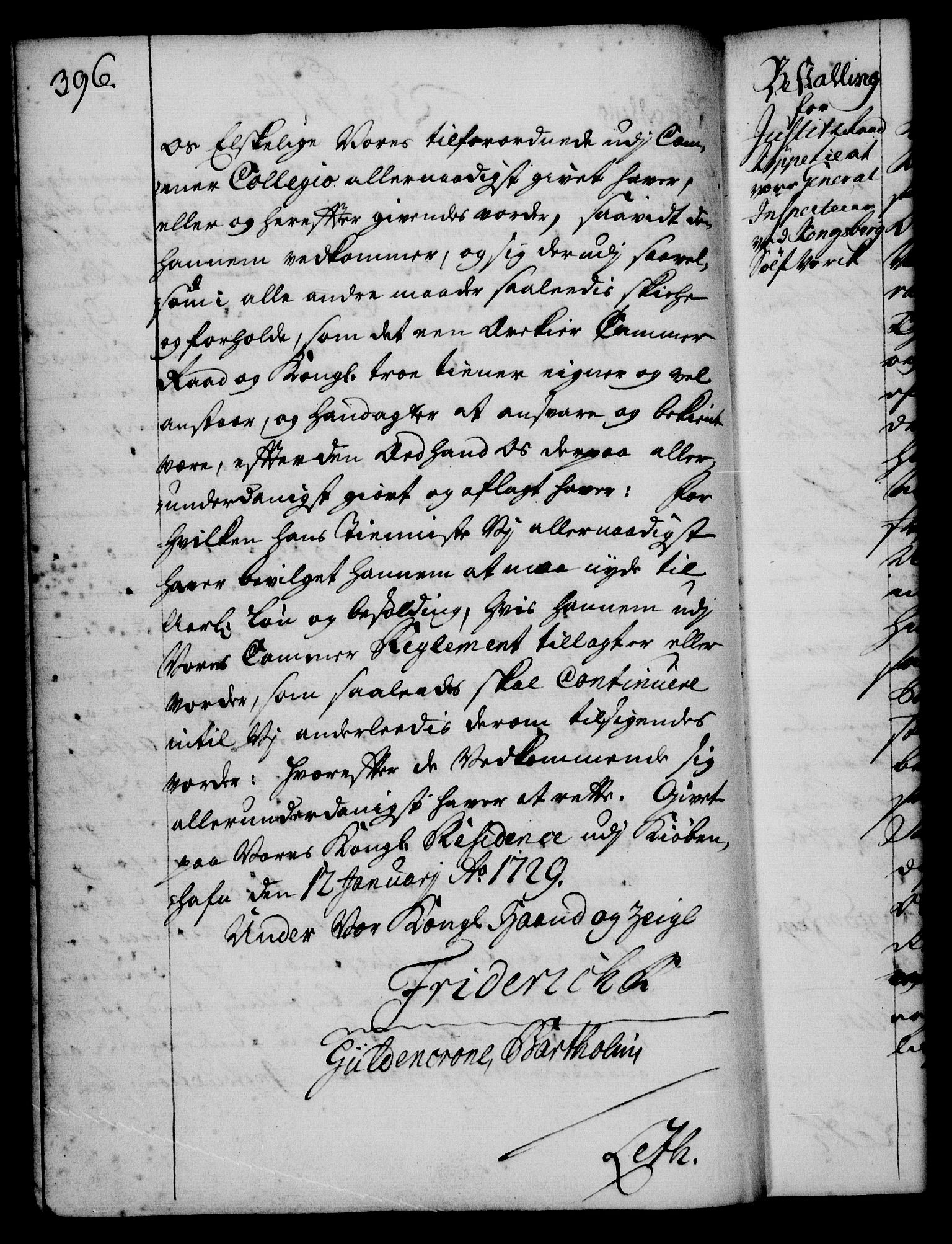 Rentekammeret, Kammerkanselliet, RA/EA-3111/G/Gg/Gge/L0001: Norsk bestallingsprotokoll med register (merket RK 53.25), 1720-1730, s. 396