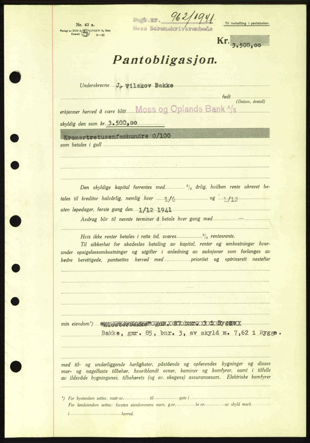 Moss sorenskriveri, SAO/A-10168: Pantebok nr. B10, 1940-1941, Dagboknr: 962/1941