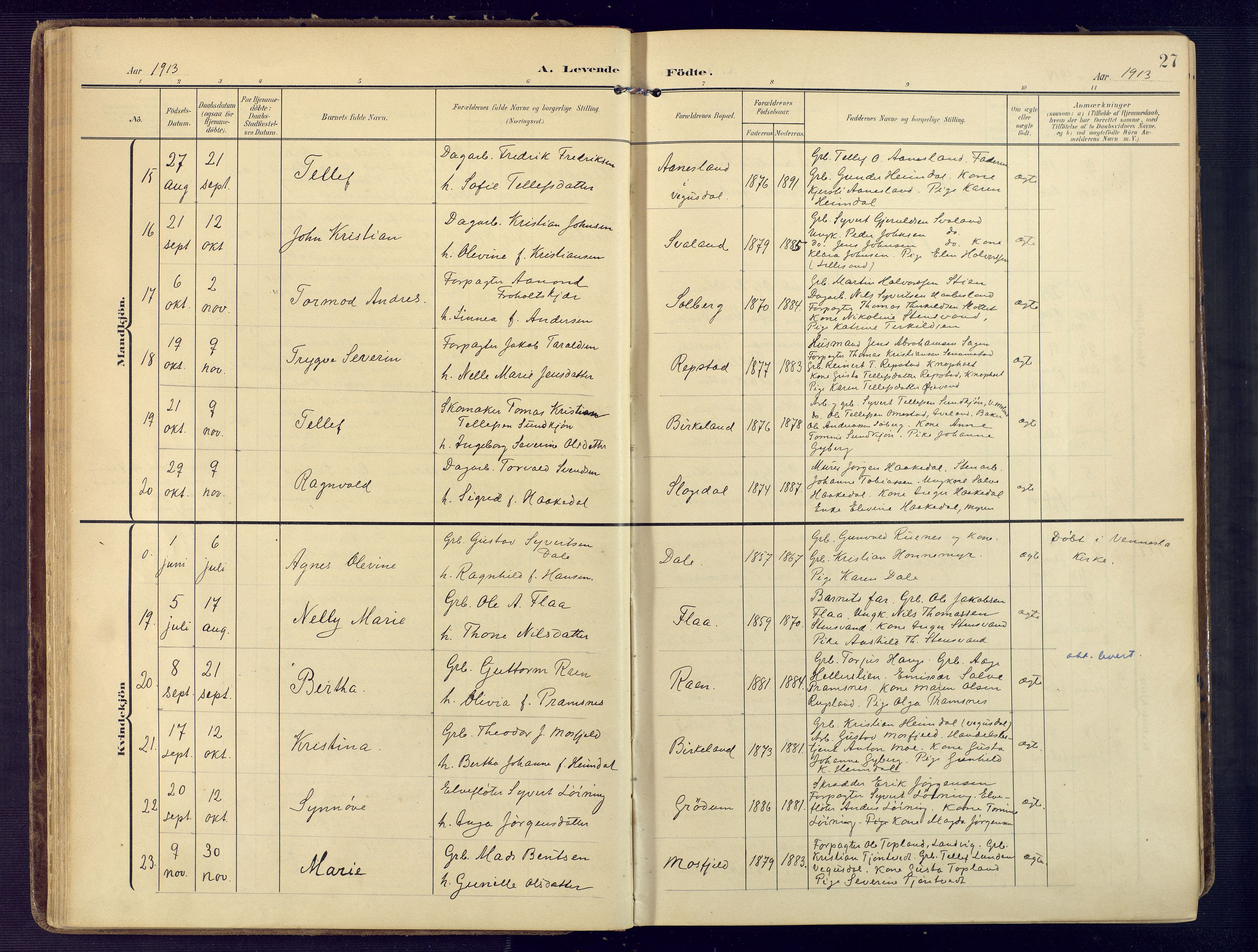 Birkenes sokneprestkontor, AV/SAK-1111-0004/F/Fa/L0006: Ministerialbok nr. A 6, 1908-1932, s. 27