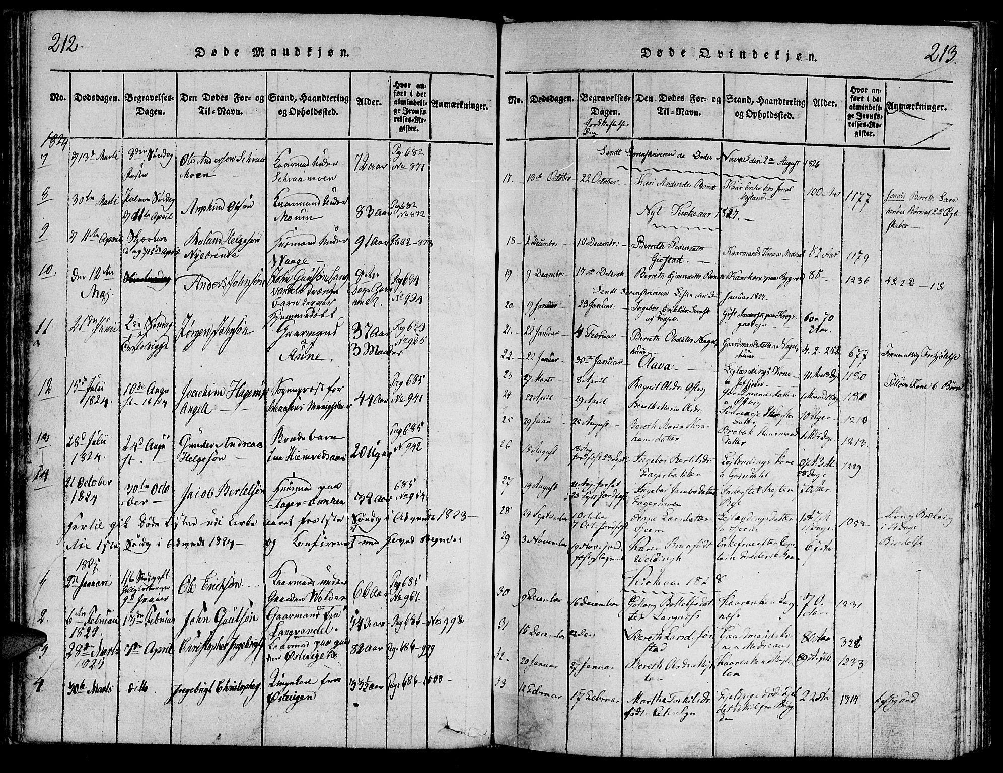 Ministerialprotokoller, klokkerbøker og fødselsregistre - Nord-Trøndelag, SAT/A-1458/749/L0479: Klokkerbok nr. 749C01, 1817-1829, s. 212-213