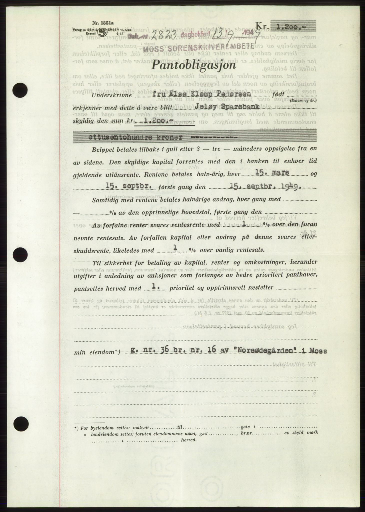 Moss sorenskriveri, SAO/A-10168: Pantebok nr. B22, 1949-1949, Dagboknr: 2823/1949