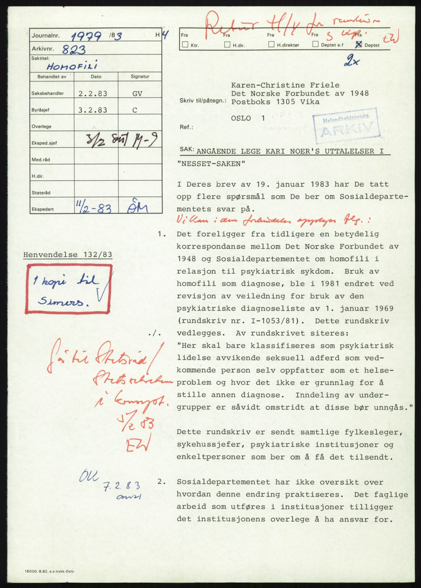 Sosialdepartementet, Helsedirektoratet, Kontoret for psykiatri, H4, RA/S-1286/D/Dc/L0611/0002: Sakarkiv / Homofili, 1962-1983, s. 2